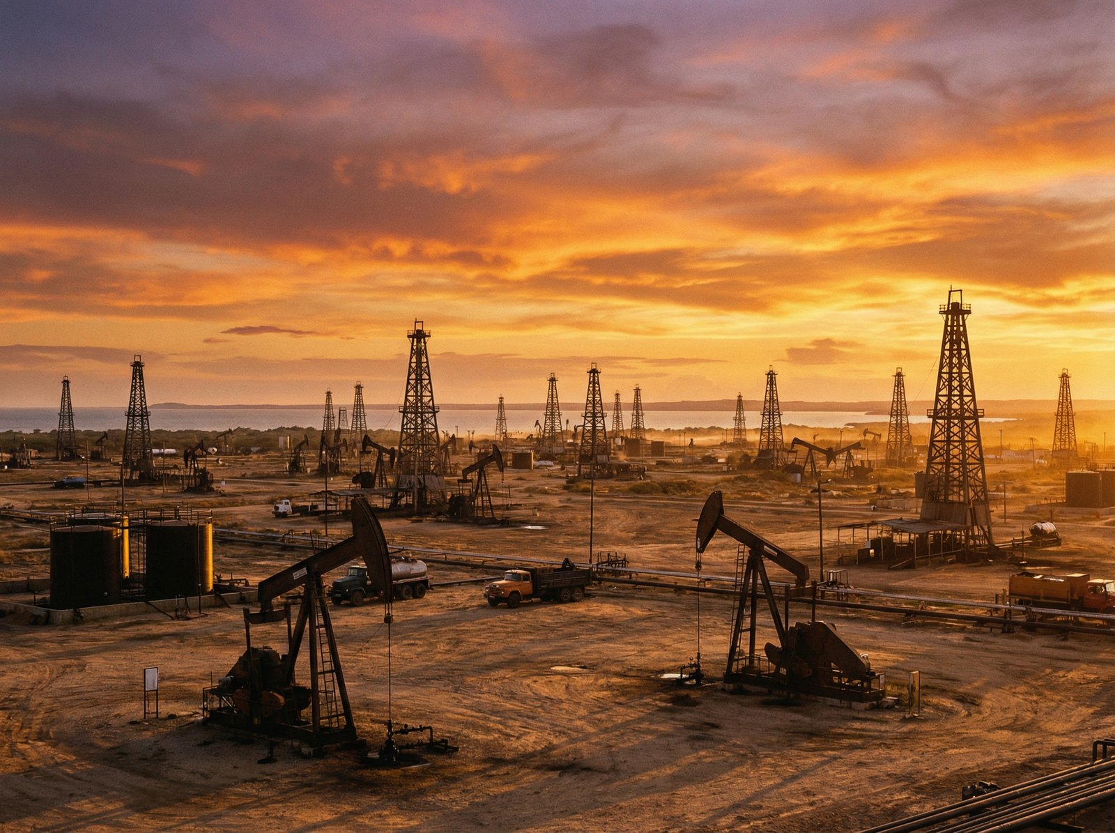 A wide shot of a Venezuelan oil field with classic oil derricks at sunset, warm golden lighting, realistic photography style, 4:3, no text