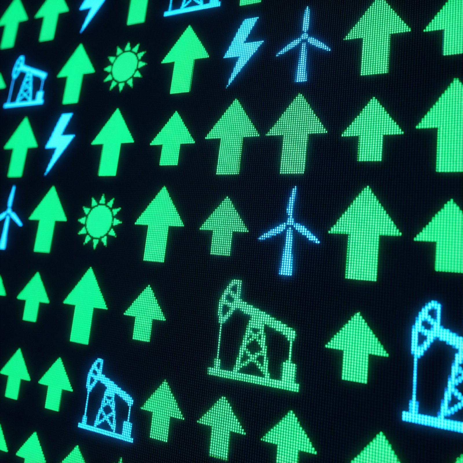 A close-up of a digital stock market display screen with upward green arrows and energy industry symbols, high contrast, modern layout, 1:1, no text