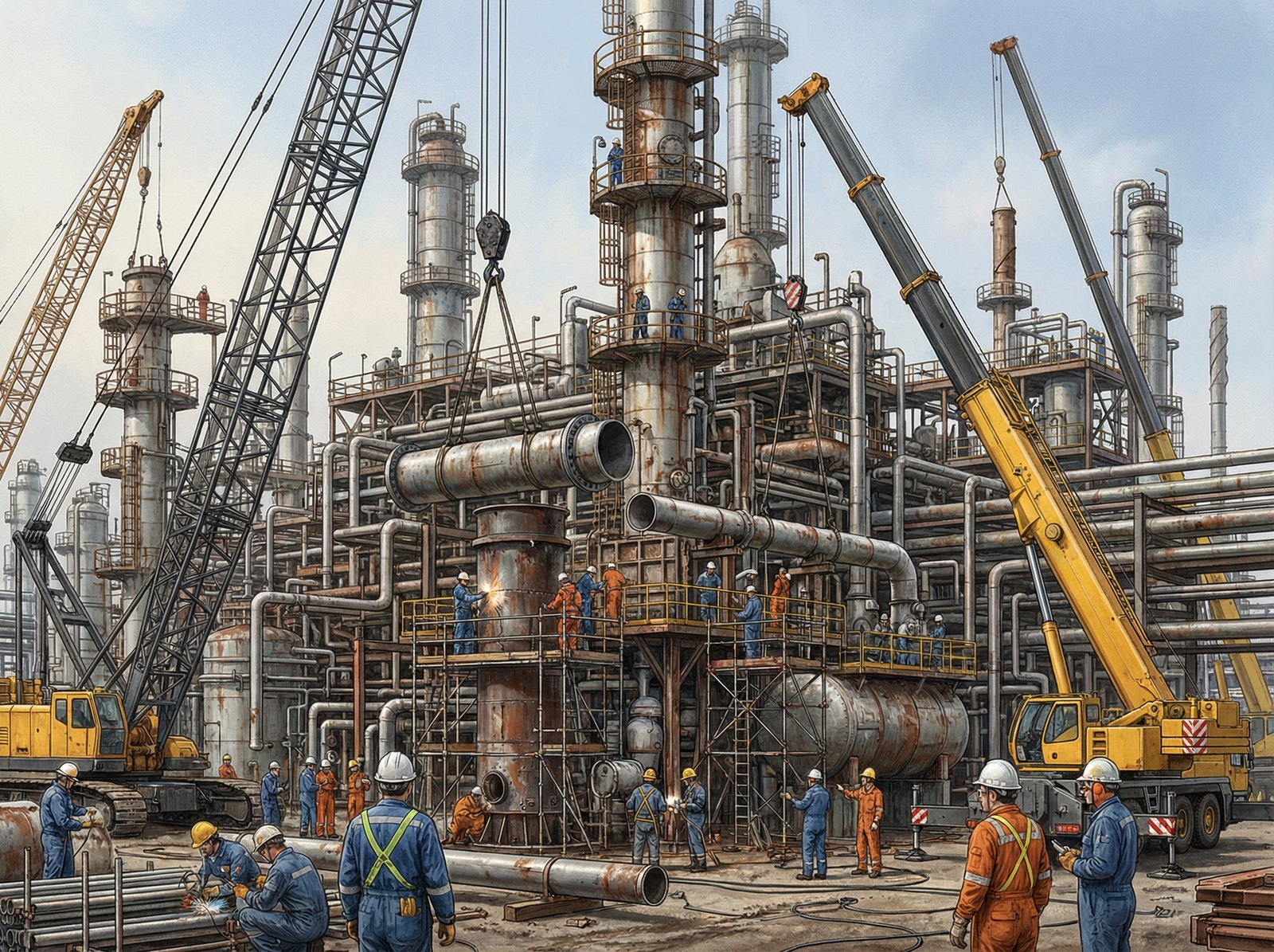 A detailed composition showing a large industrial oil refinery being repaired with cranes and professional workers, 4:3, realistic illustration, no text