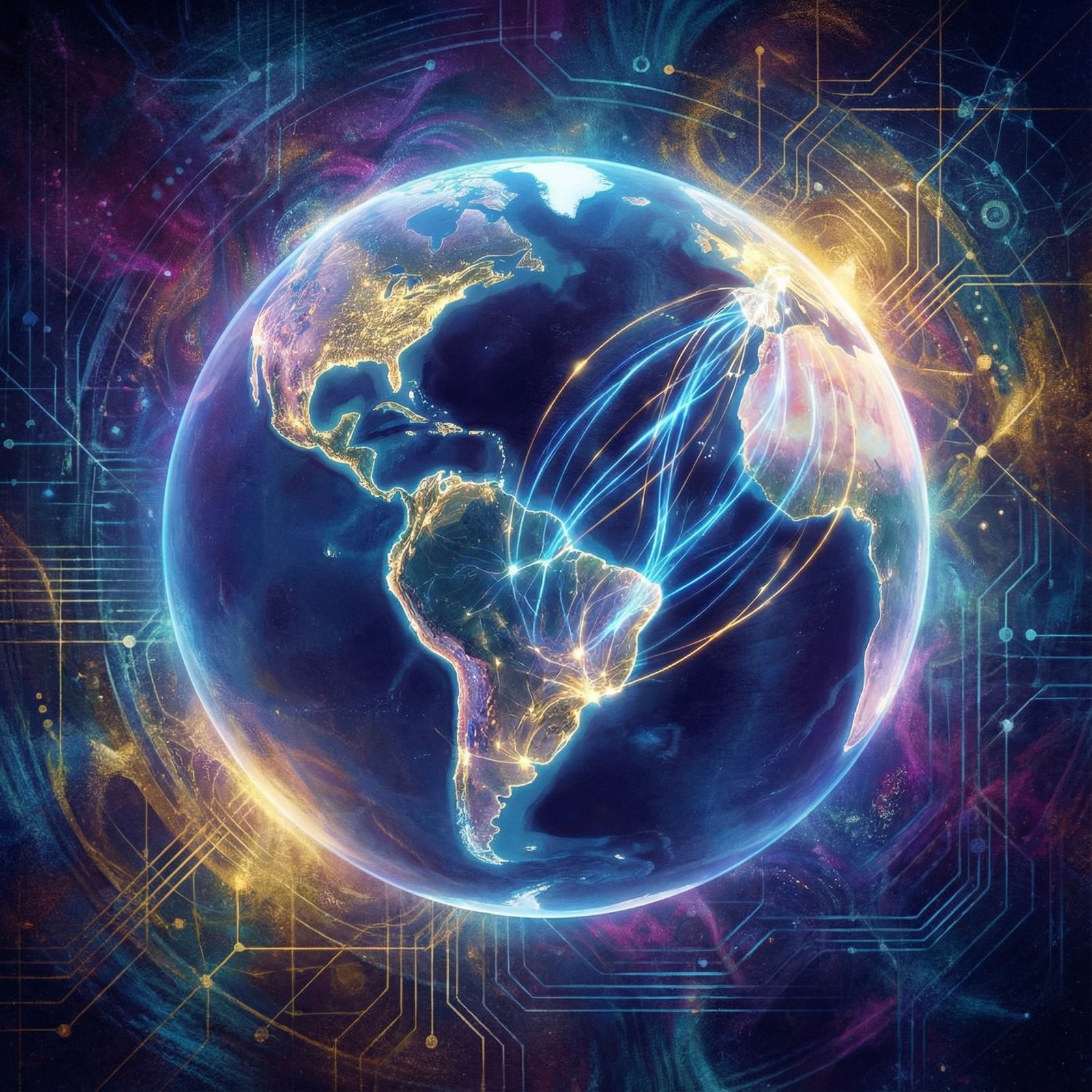 A glowing digital globe focused on South America with energy lines connecting to North America, textured background, artistic rendering, 1:1, no text