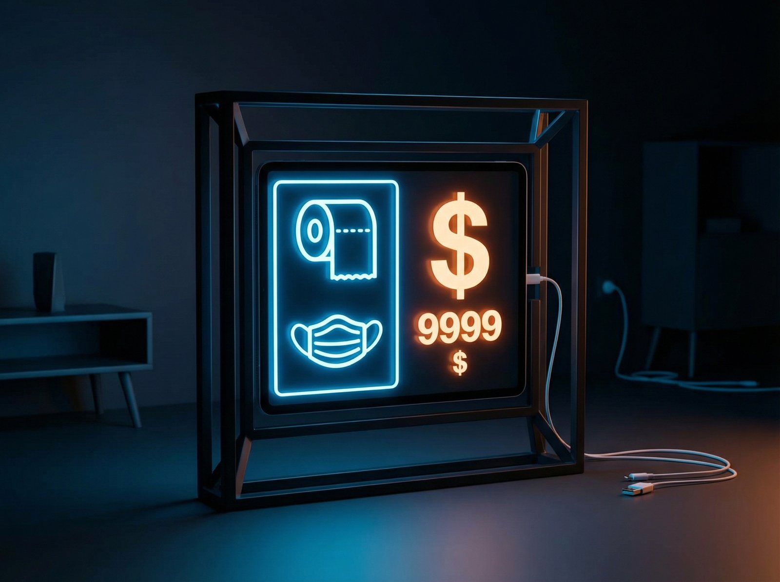 Symbolic image of household essentials like toilet paper and face masks with a high price tag on a digital screen, representing price gouging, modern layout, high contrast, 4:3, no text