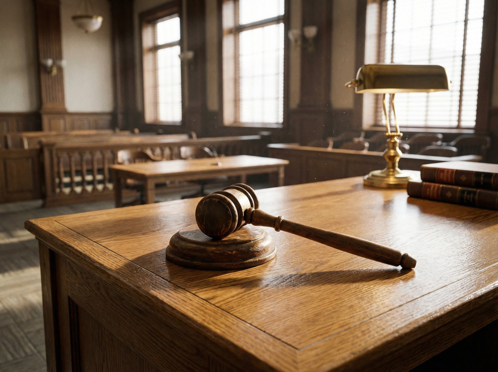 A wooden gavel on a judge's desk in a professional courtroom setting, symbolizing a legal ruling and justice, professional lighting, 4:3, no text