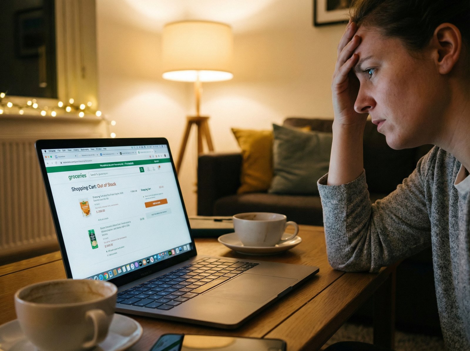 A person looking frustrated at their laptop while shopping online for basic necessities, warm indoor lighting, lifestyle photography, 4:3, no text