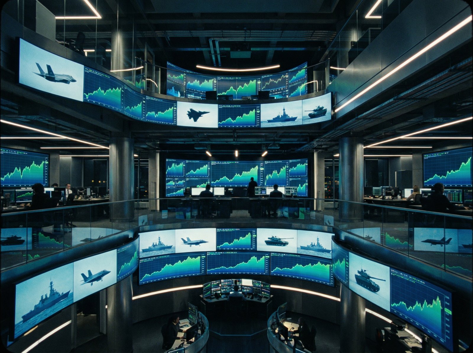 A high-tech trading room environment with glowing digital displays showing upward trending stock charts and silhouettes of defense equipment like fighter jets and naval ships. Modern financial atmosphere, cinematic lighting, 4:3 aspect ratio, no text.