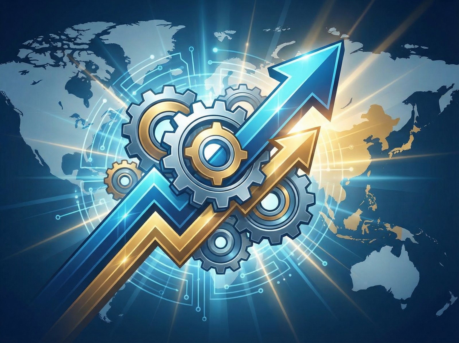 A conceptual illustration representing the growth of Asian defense industries. Stylized metallic gears and arrows pointing upwards against a backdrop of a world map focusing on East Asia. Professional corporate style, vibrant blue and gold tones, 4:3 aspect ratio, no text.