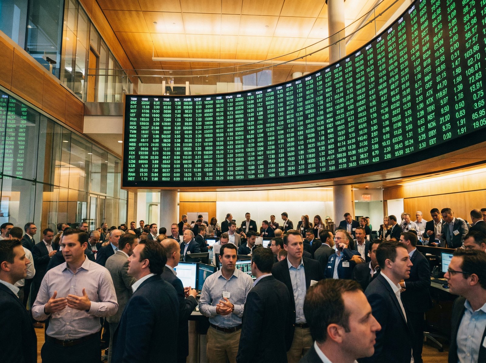 A realistic photograph of a modern stock exchange trading floor. Professional traders looking at large screens filled with green numbers and stock tickers. Warm and hopeful lighting, busy professional atmosphere, 4:3 aspect ratio, no text.