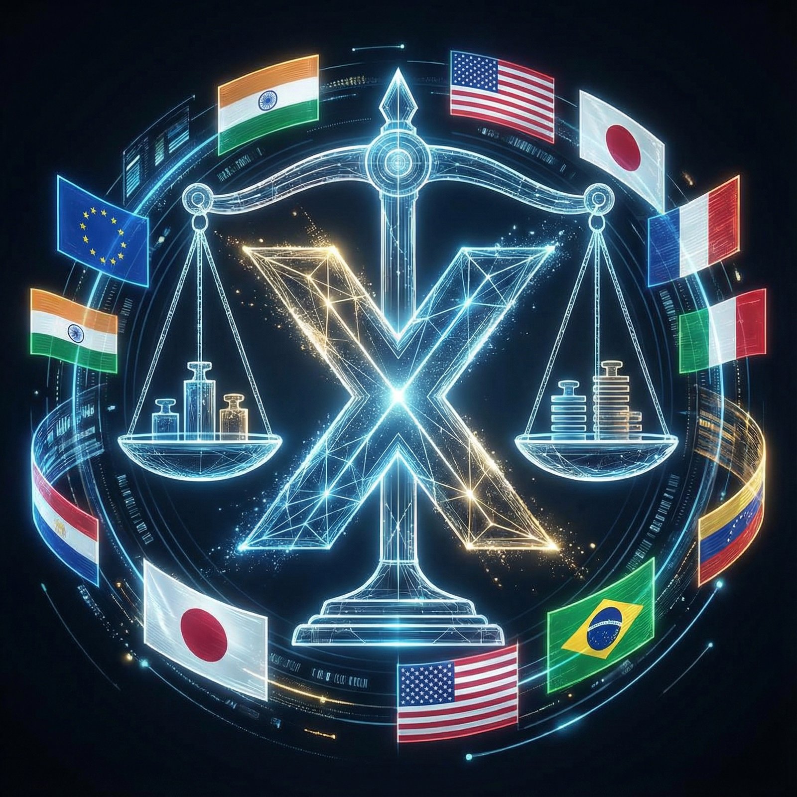 A futuristic digital representation of the X logo surrounded by symbolic scales of justice and various national flags including the European Union and India, clean modern aesthetic, high contrast, 1:1