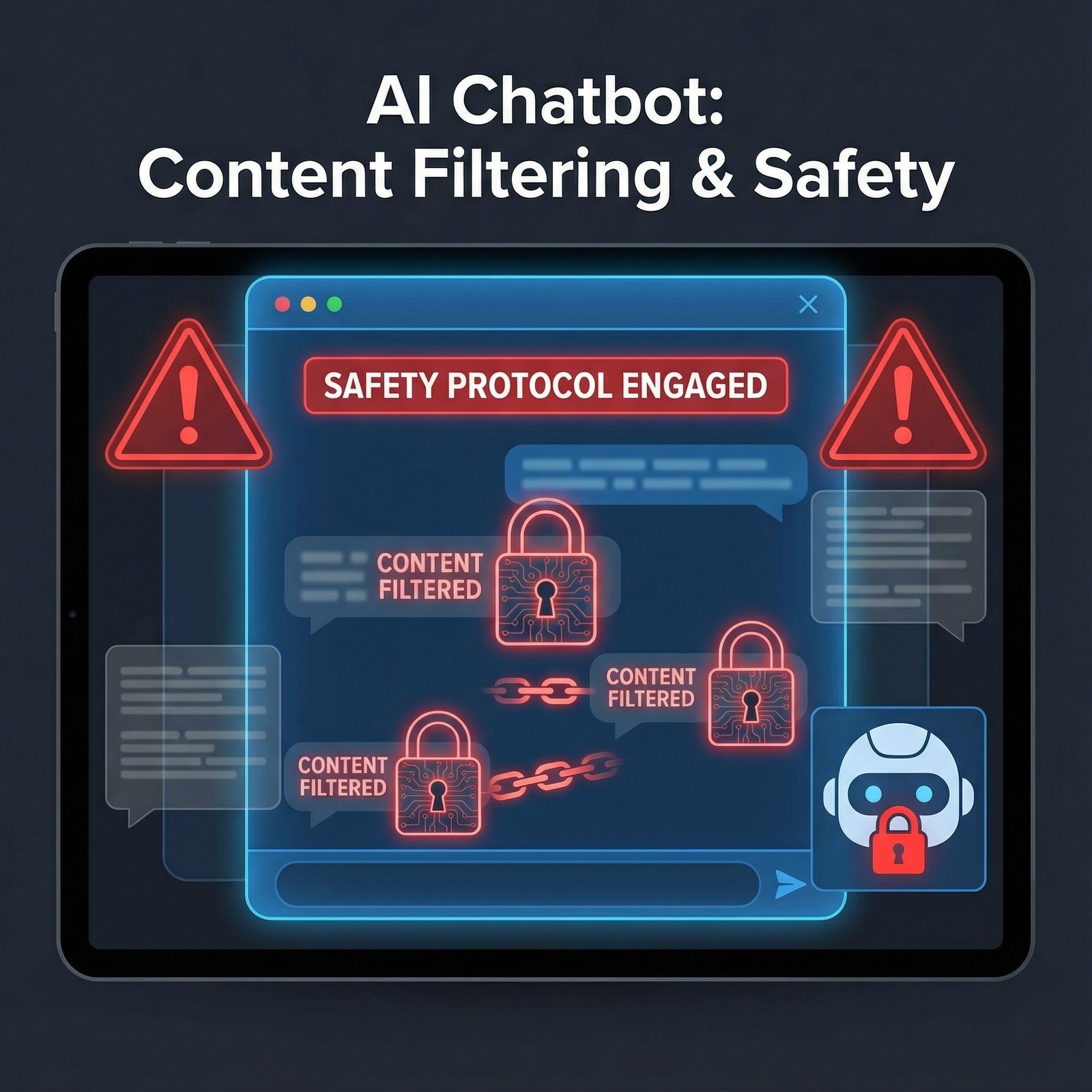 A conceptual illustration of an AI chatbot interface with red warning signs and digital locks, representing content filtering and safety protocols, professional layout, 1:1