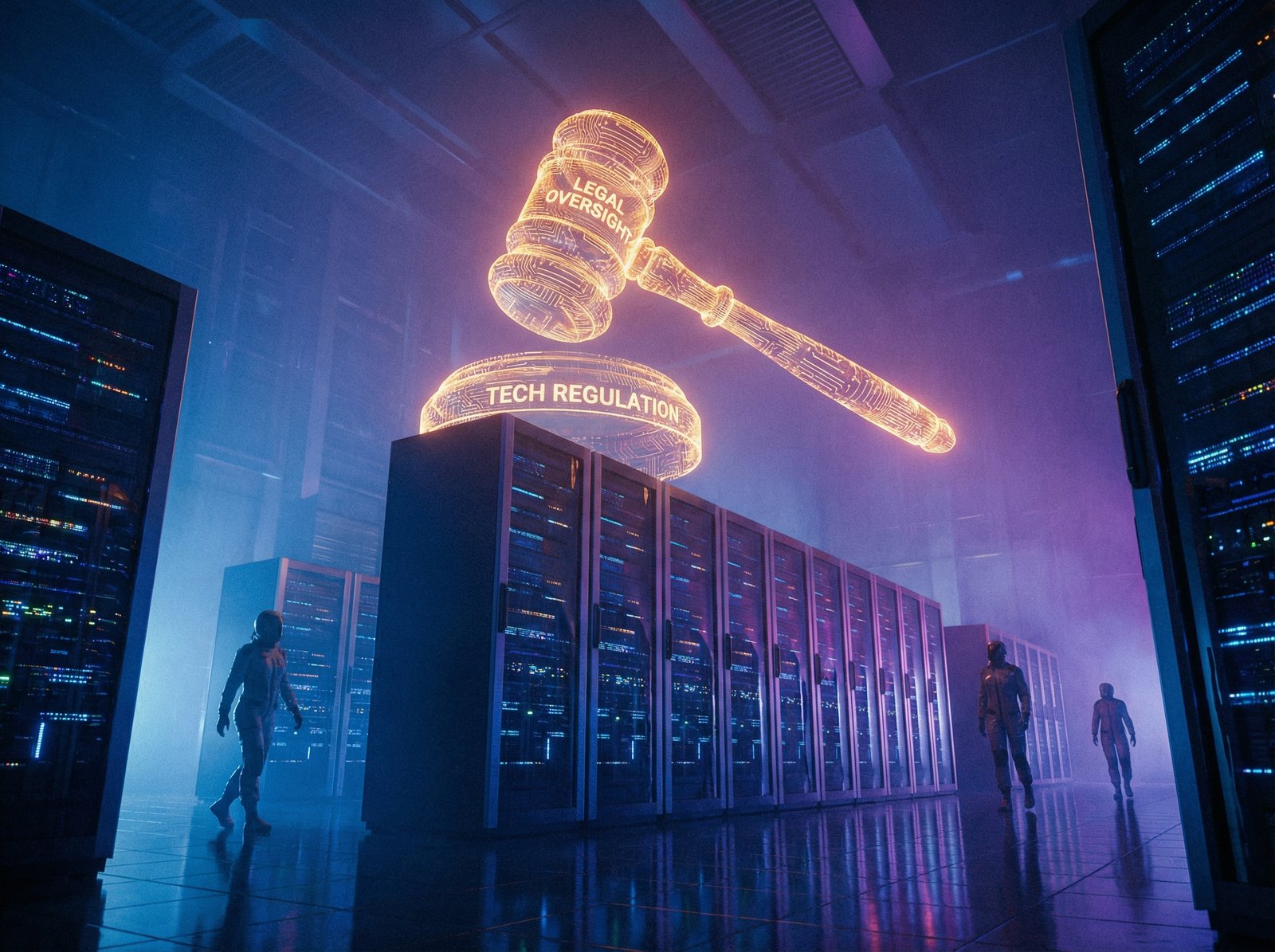 A high-tech server room with a glowing digital gavel overlay, representing legal oversight of technology companies, cinematic lighting, 4:3
