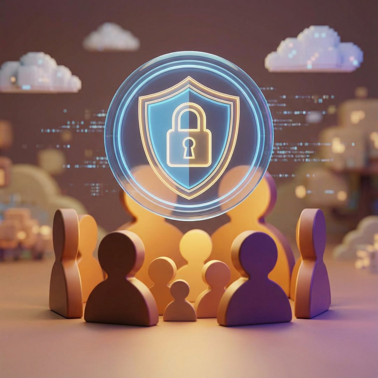 A glowing digital shield protectively hovering over a group of stylized human icons, representing online safety and child protection, warm and secure atmosphere, 1:1