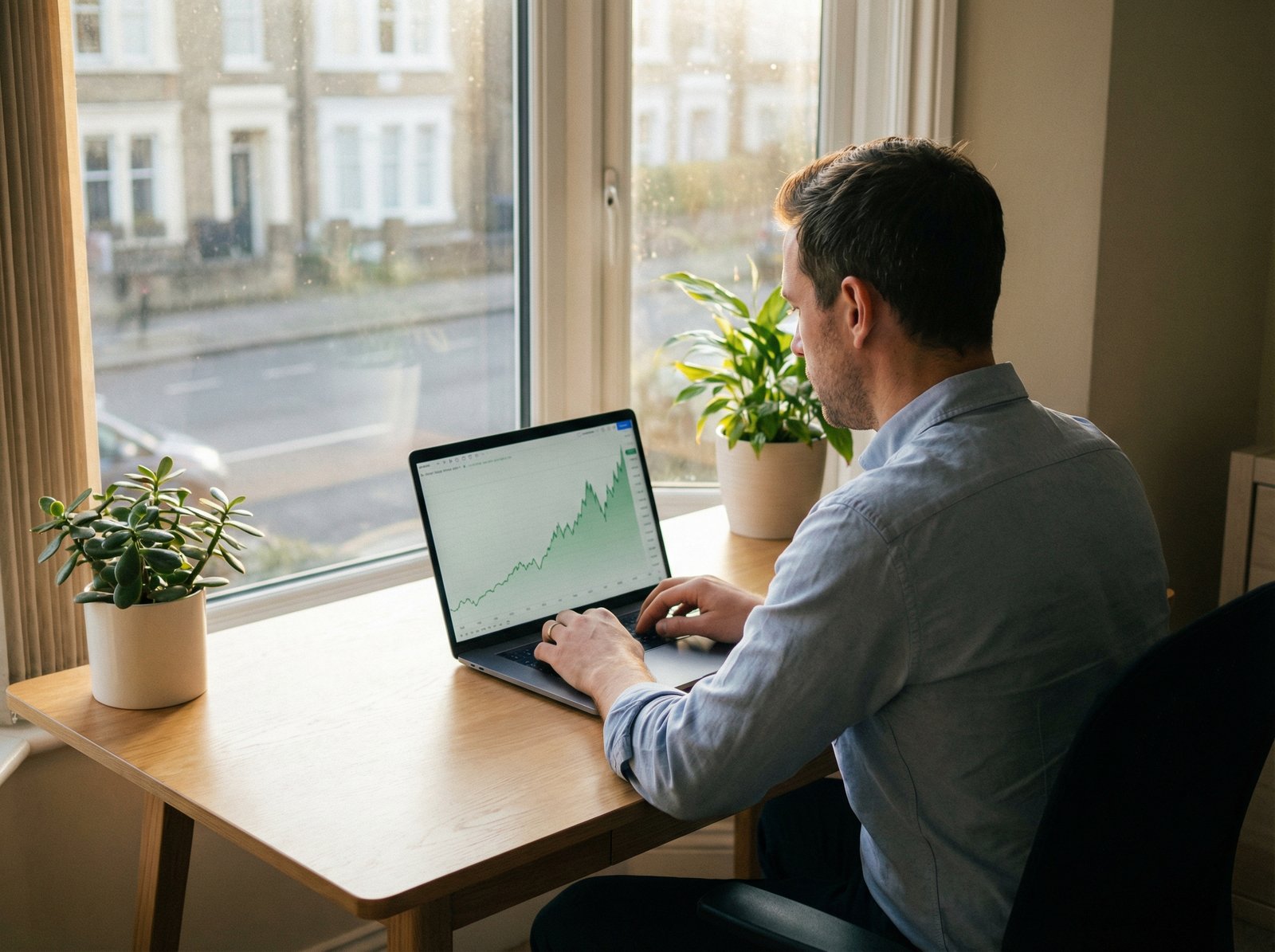 A focused person sitting at a clean desk with a laptop showing a long-term upward growth stock chart, warm natural morning light through a window, professional and calm atmosphere, 4:3, no text