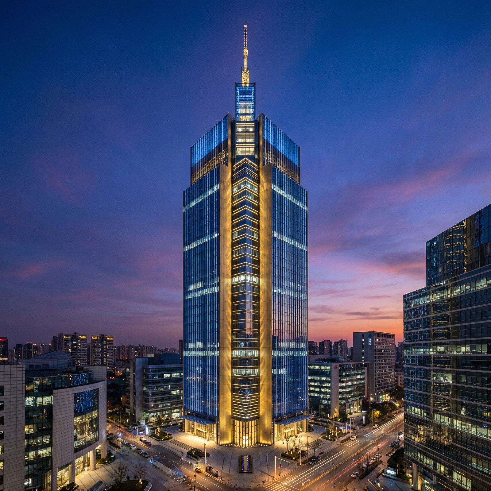 A majestic and modern skyscraper building of a major financial institution at dusk, blue and gold lighting, professional and stable architectural photography style, 1:1, no text