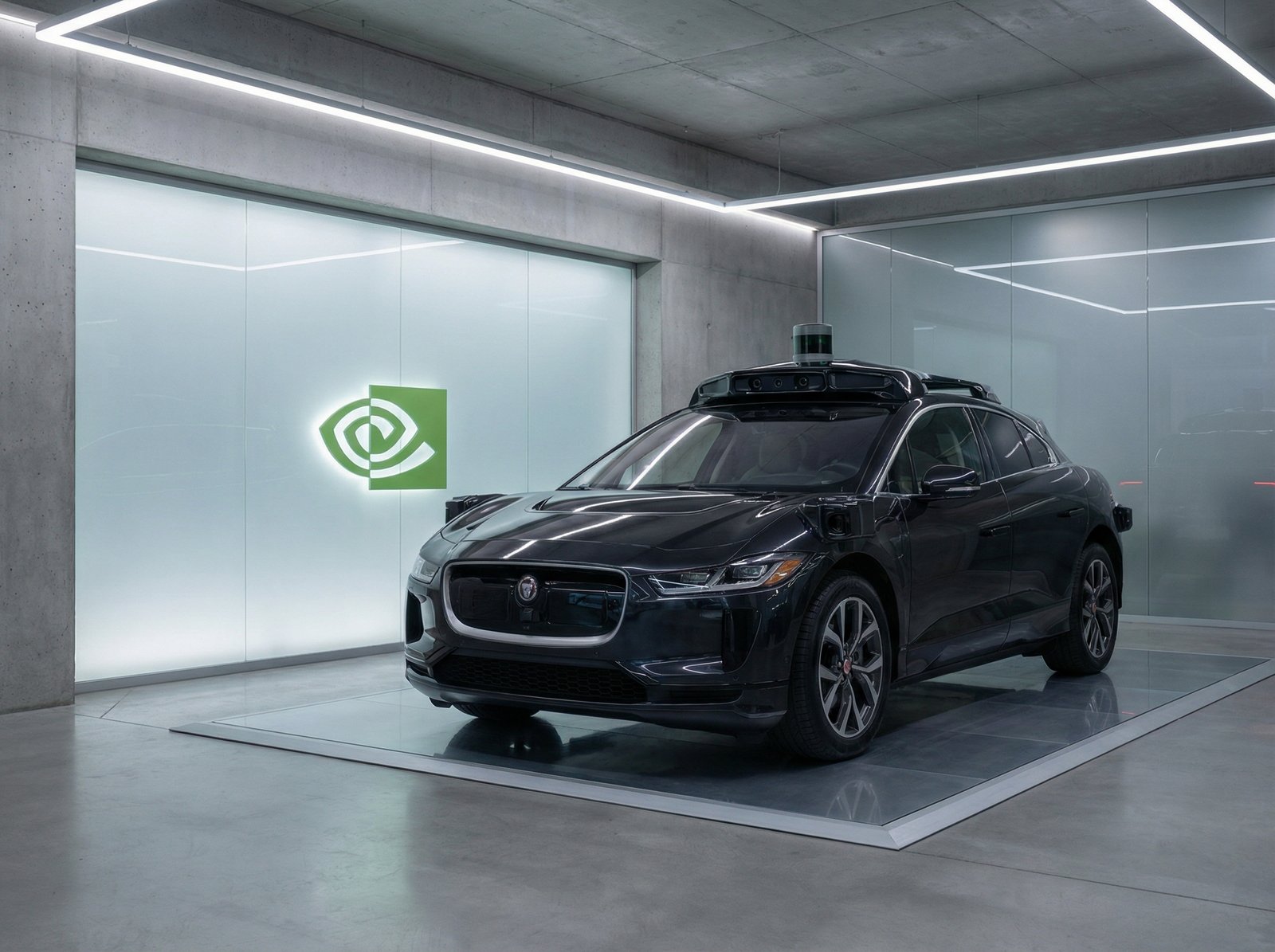 A sleek, modern autonomous vehicle equipped with high-tech sensors and cameras, parked inside a minimalist high-tech automotive garage with Nvidia branding, soft professional lighting, realistic photography style, 4:3 aspect ratio, no text.