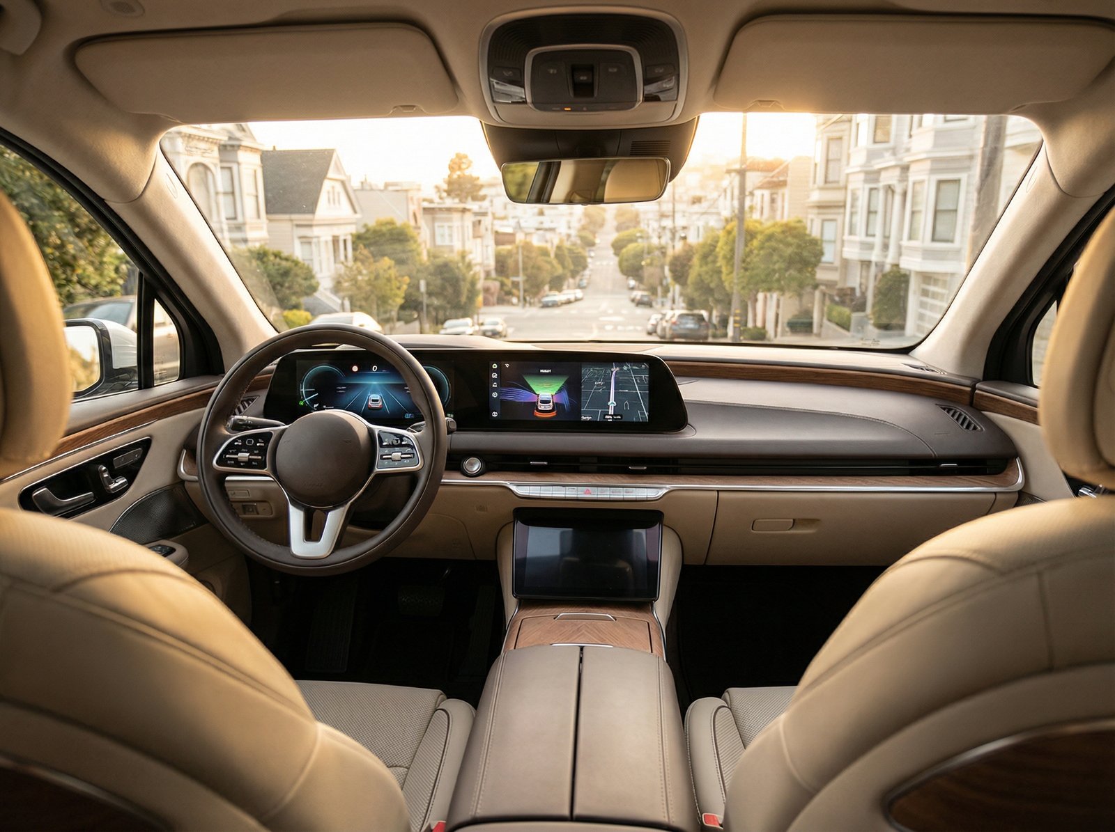 Interior view of a luxury car driving through a hilly city street like San Francisco, the steering wheel moving on its own, a large digital dashboard showing real-time AI sensor data, warm sunlight, realistic lifestyle photography, 4:3 aspect ratio, no text.