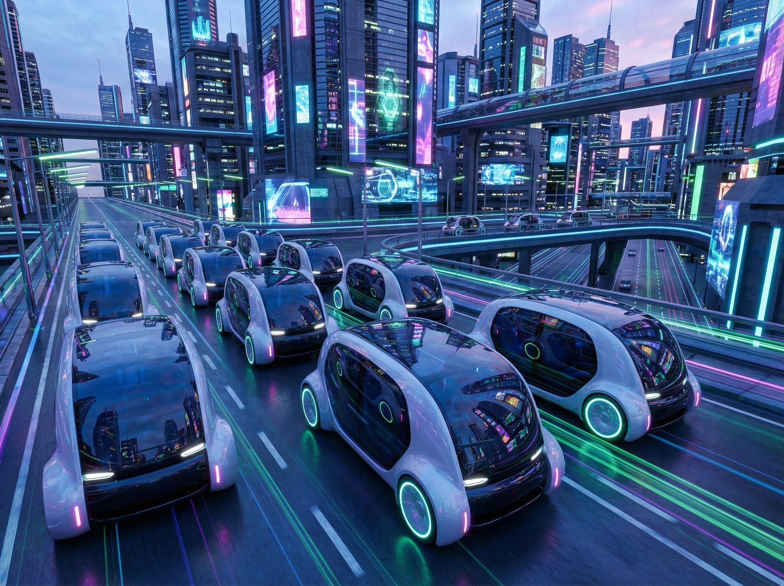 A fleet of modern, futuristic robotaxis driving in perfect coordination through a smart city street at dusk, neon city lights reflecting on car surfaces, high-tech urban atmosphere, 3D digital rendering, 4:3 aspect ratio, no text.