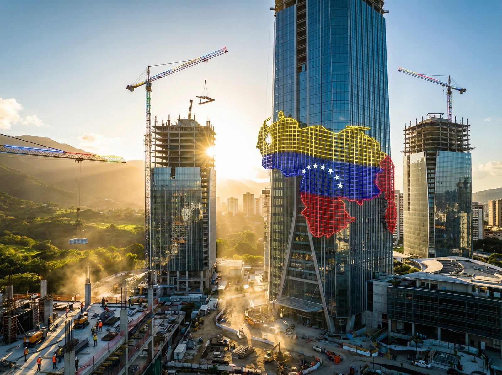 A futuristic and hopeful conceptual image of Venezuela rebuilding, with a stylized flag of Venezuela integrated into a modern skyline being constructed, cranes and bright sunlight, professional photography style, high contrast, 4:3
