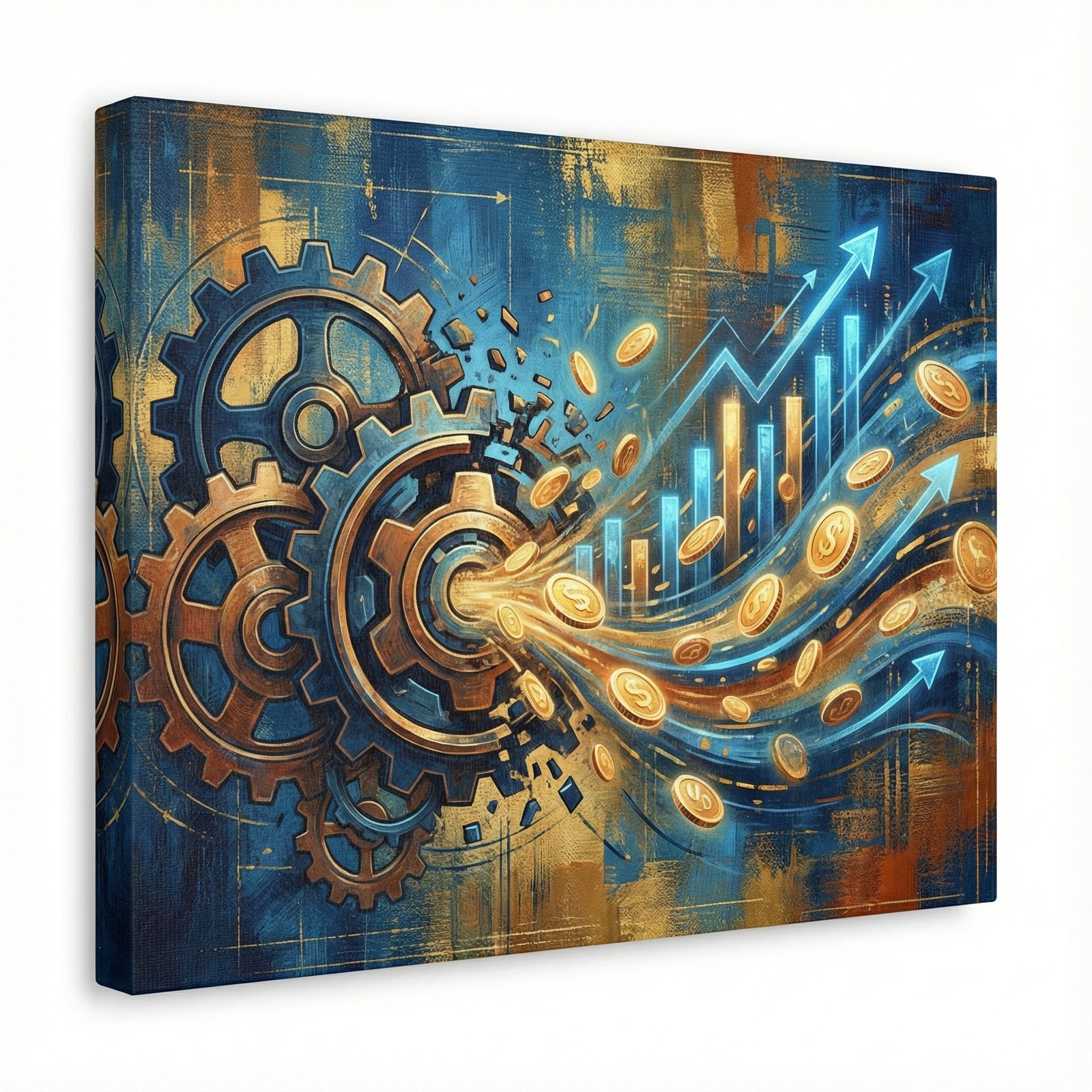 An abstract illustration representing economic transition from a rigid old system to a vibrant capitalist market, gears turning into coins and digital graphs, vibrant blue and gold colors, textured background, artistic rendering, 1:1