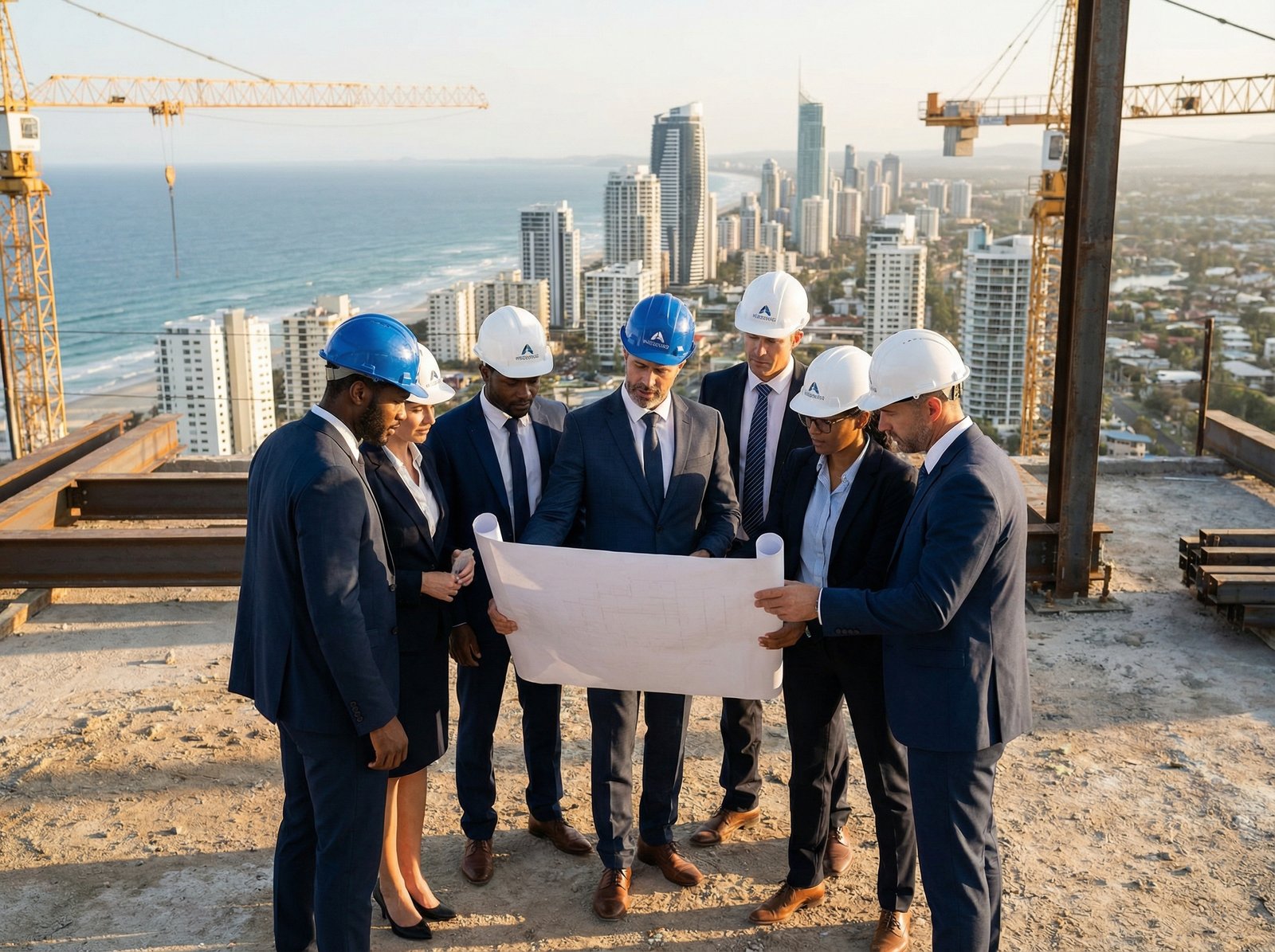 A group of professional investors in business attire and hard hats looking at a large blueprint on a construction site overlooking a coastal city, realistic lighting, cinematic composition, detailed environment, 4:3