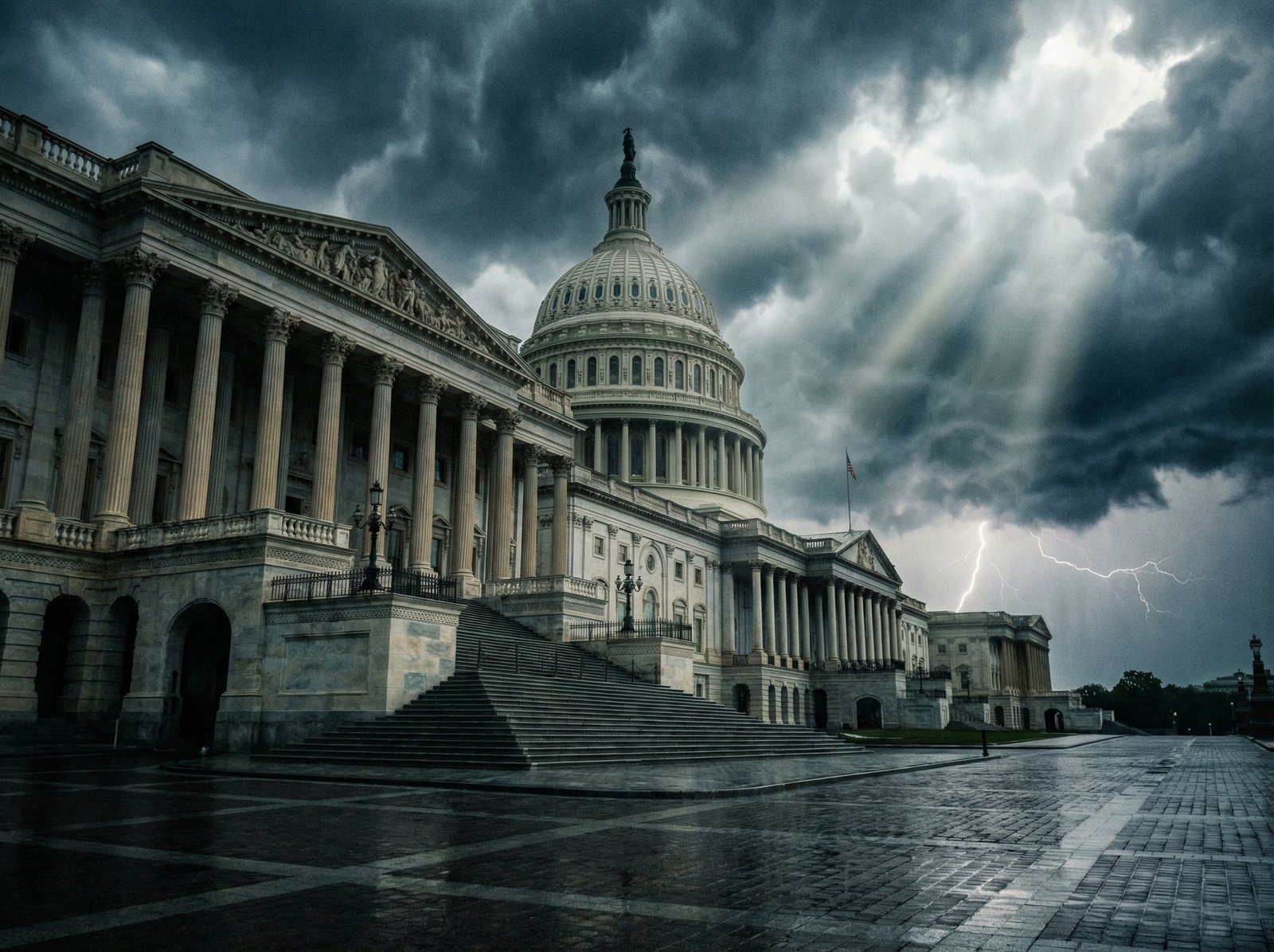A dramatic low-angle shot of the U.S. Capitol building in Washington D.C. under a stormy sky, cinematic lighting, 4:3 aspect ratio, no text