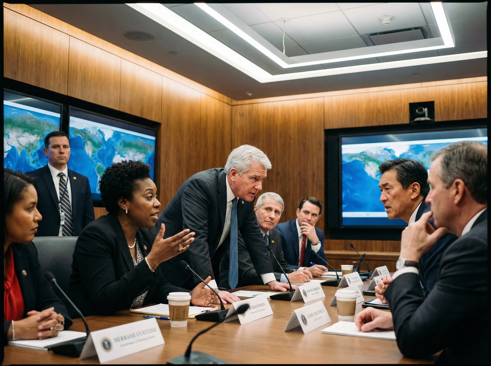 Professional photography of a diverse group of politicians in a formal briefing room having an intense discussion, modern office lighting, 4:3 aspect ratio, no text