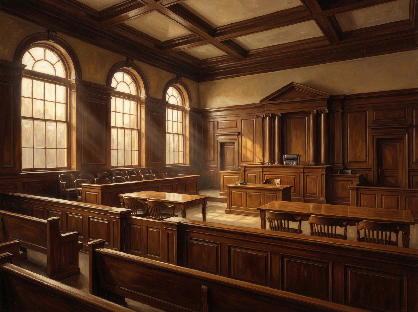 Artistic rendering of a classic courtroom interior with wooden textures, bright light coming through windows, professional layout, 4:3 aspect ratio, no text