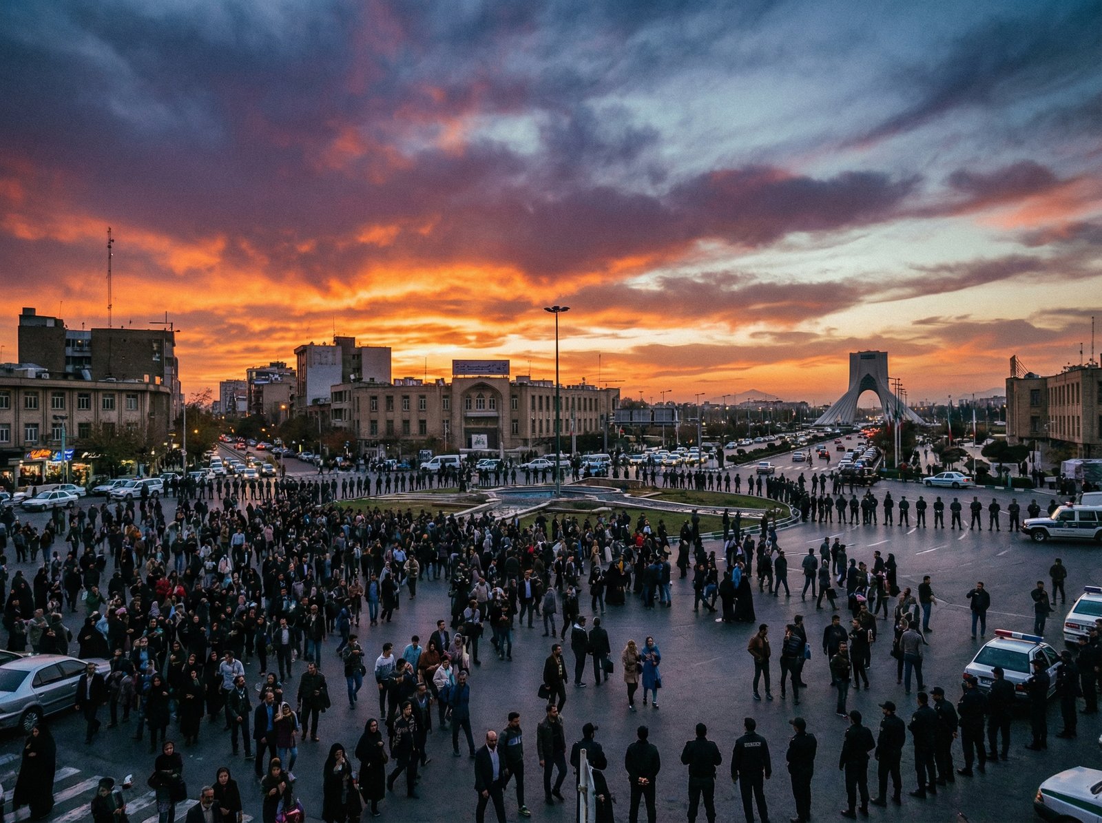 A wide-angle shot of a crowded public square in Tehran at dusk, thousands of people gathered, heavy presence of security forces in the background, dramatic sky with orange and purple hues, realistic photography style, 4:3, no text