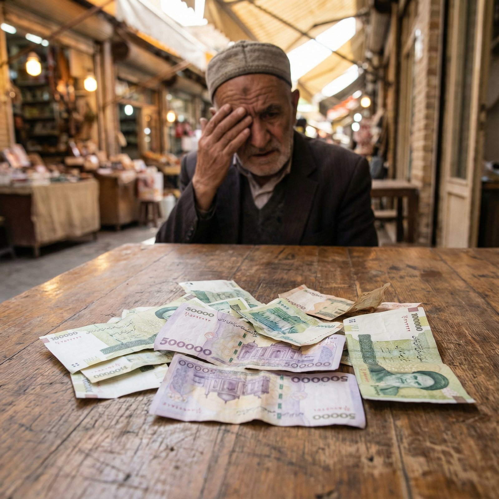 Close-up of Iranian Rial banknotes scattered on a wooden table in a traditional market, an elderly merchant looking worried in the background, warm natural light, realistic lifestyle photography, 1:1, no text