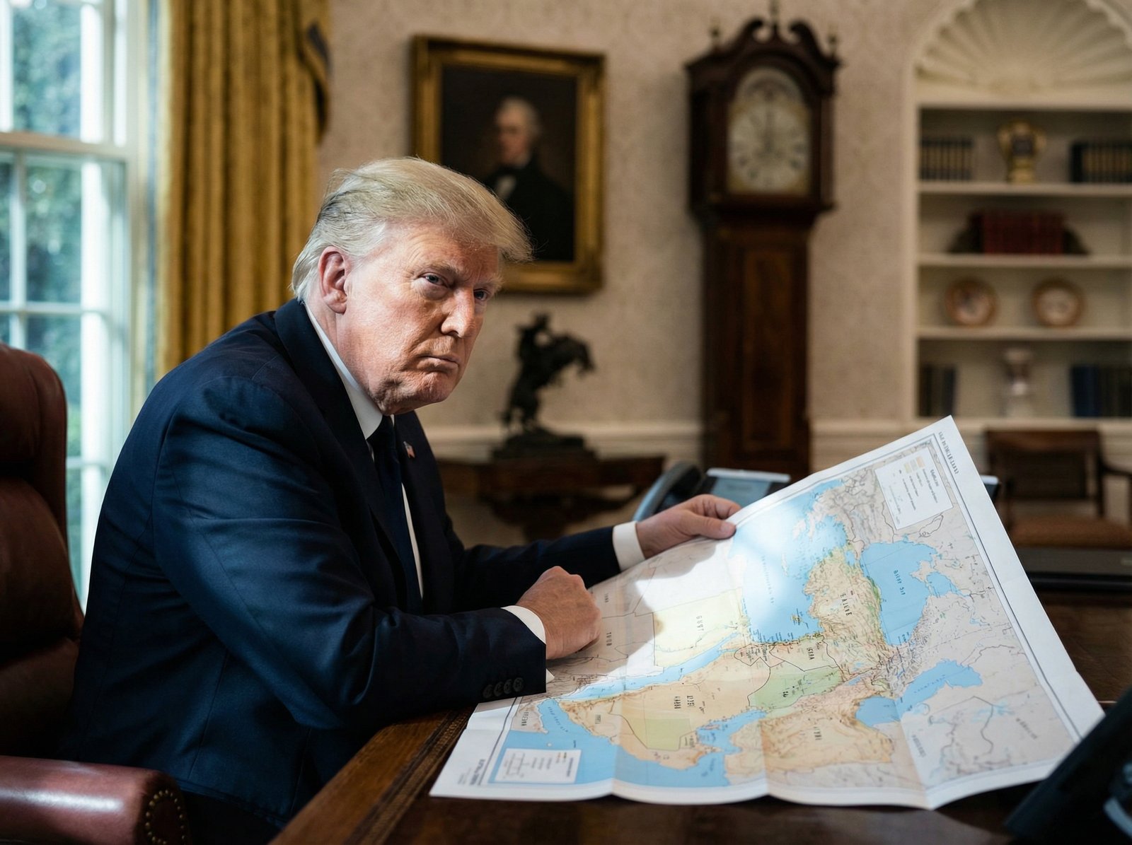 Donald Trump sitting in the Oval Office, looking at a map of the Middle East with a serious expression, cinematic lighting, professional photography style, 4:3, no text