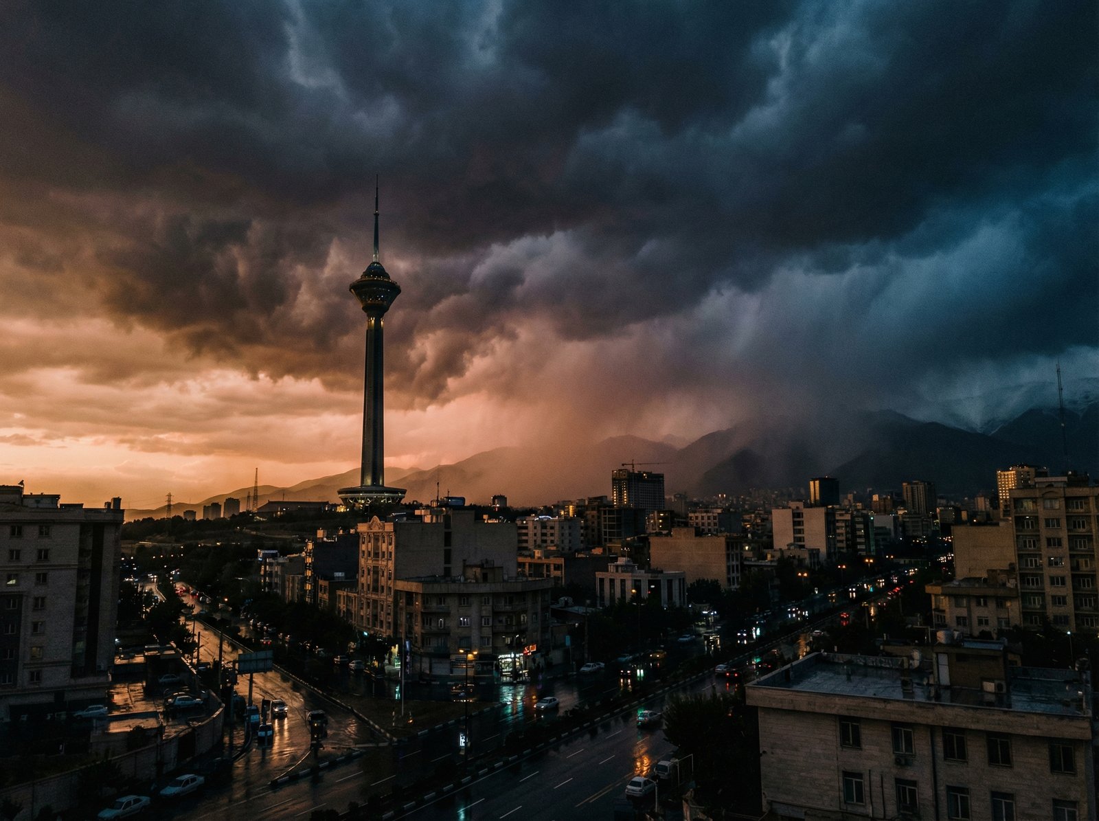 Modern Tehran city skyline with the Milad Tower under a heavy, cloudy sunset, dramatic and somber mood, high resolution, realistic style, 4:3, no text