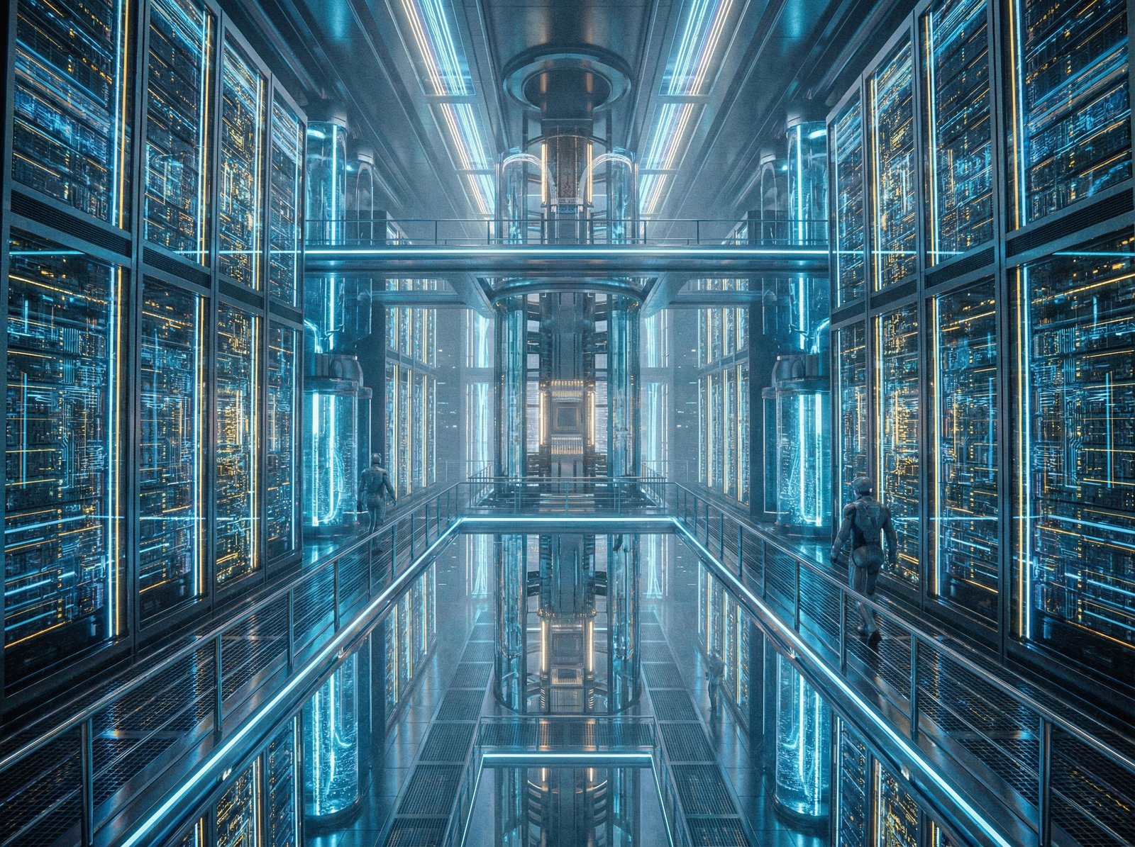 A massive, futuristic data center with glowing blue and gold circuits, representing high-end computing power for AI. The atmosphere is sophisticated and high-tech, showing the scale of infrastructure needed for artificial intelligence development. Realistic photography style, wide angle, 4:3 aspect ratio, no text.