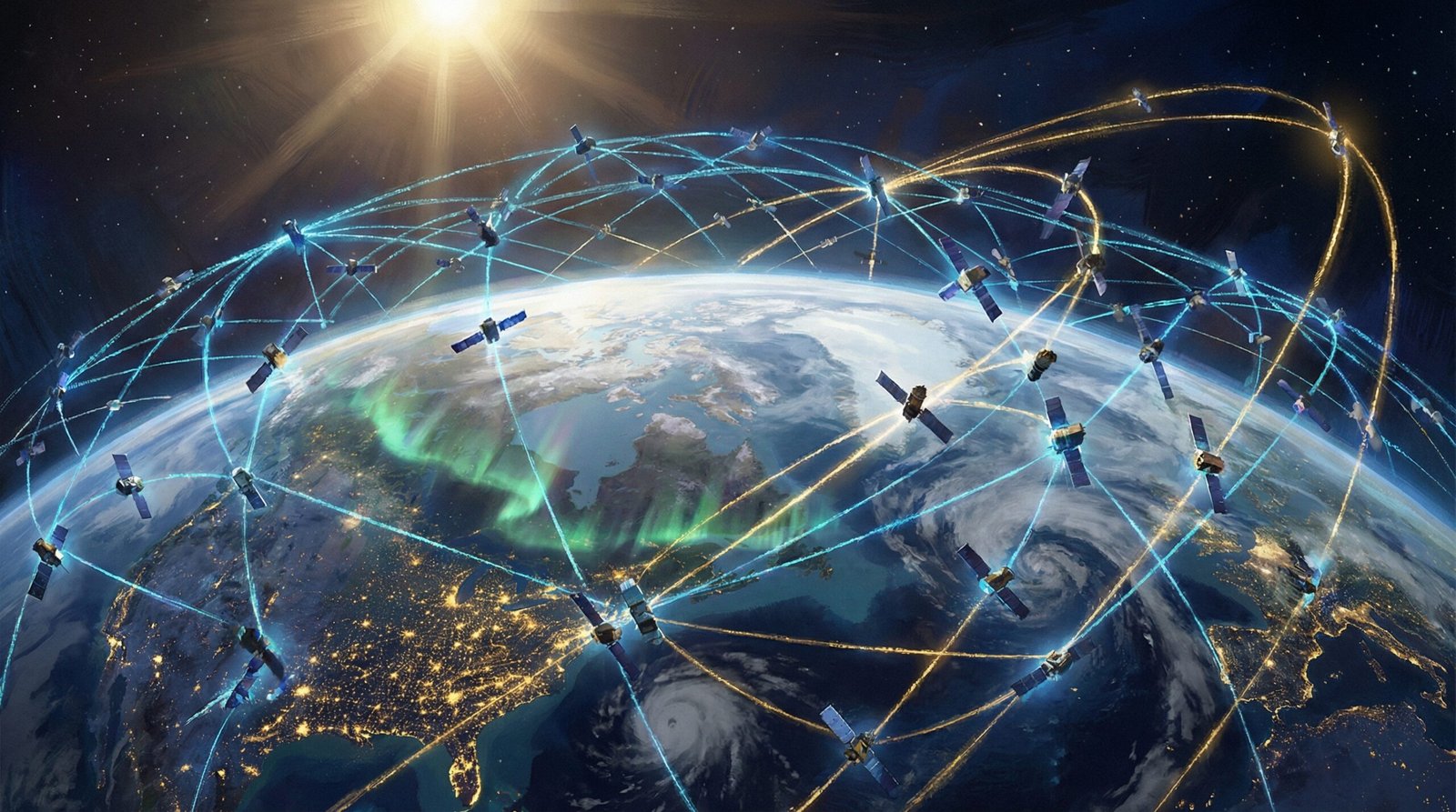 An artistic rendering of a satellite constellation orbiting the Earth, with glowing connections between satellites forming a web. The Earth is visible in the background with city lights glowing. Cinematic lighting, high detail, 16:9 aspect ratio, no text.