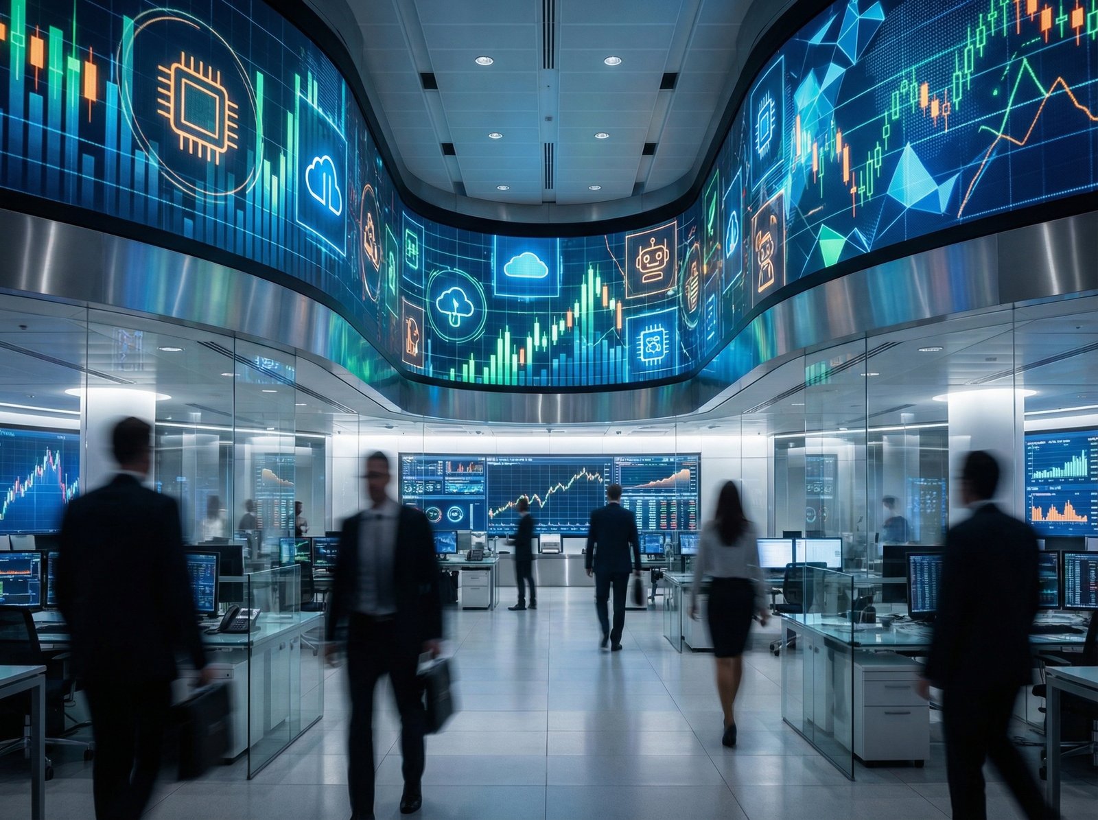 A modern, high-tech financial trading floor with large digital displays showing stock market graphs and tech company icons. Professional and dynamic atmosphere with blurred silhouettes of traders. Clean layout, high contrast, 4:3 aspect ratio, no text.