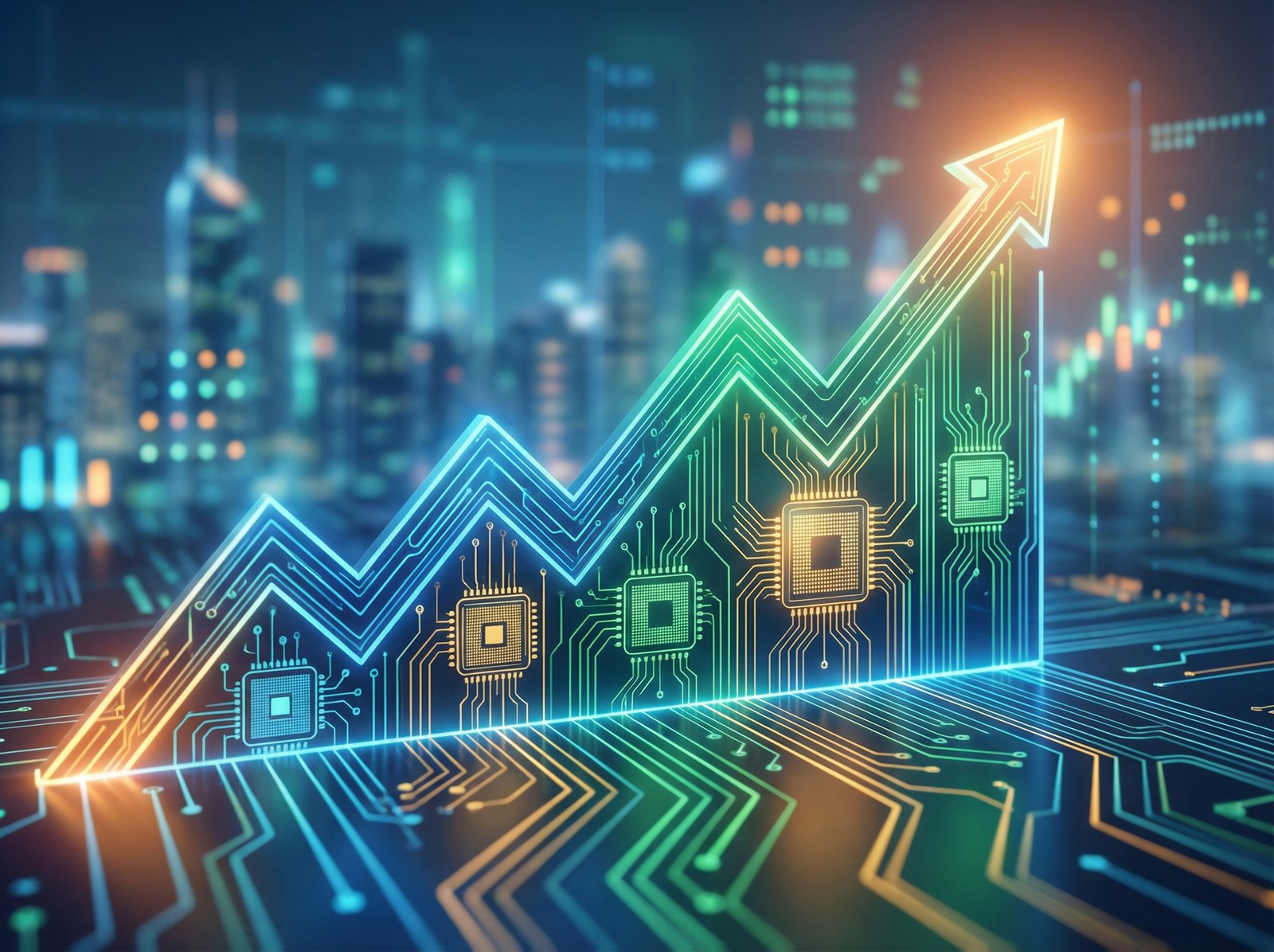 A digital conceptual illustration of a growing stock market chart integrated with semiconductor wafer patterns, vibrant colors, professional business style, 4:3 aspect ratio, no text