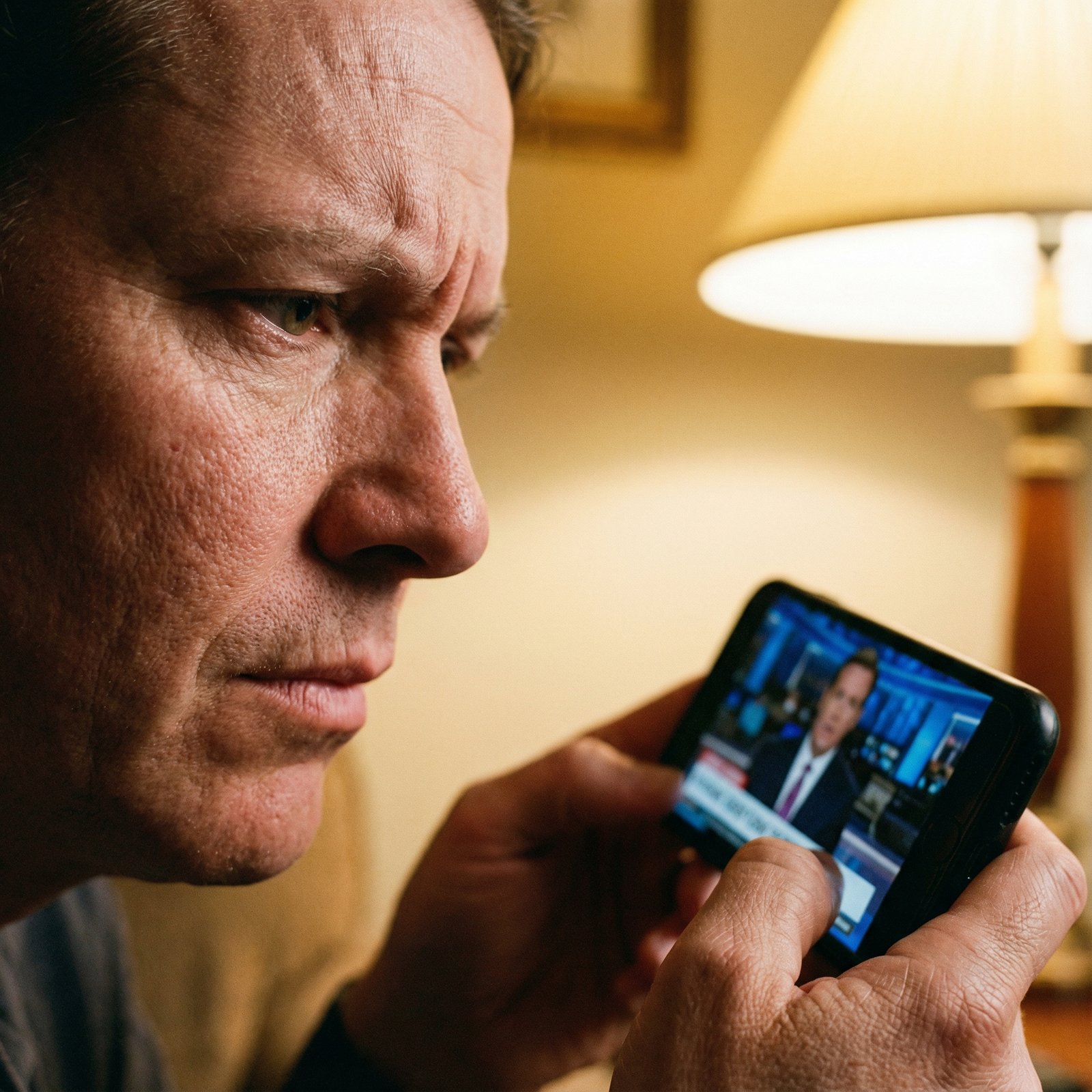 Close up of a person holding a smartphone, looking at a news video with a skeptical expression, warm indoor lighting, realistic skin textures, 1:1 aspect ratio, no text