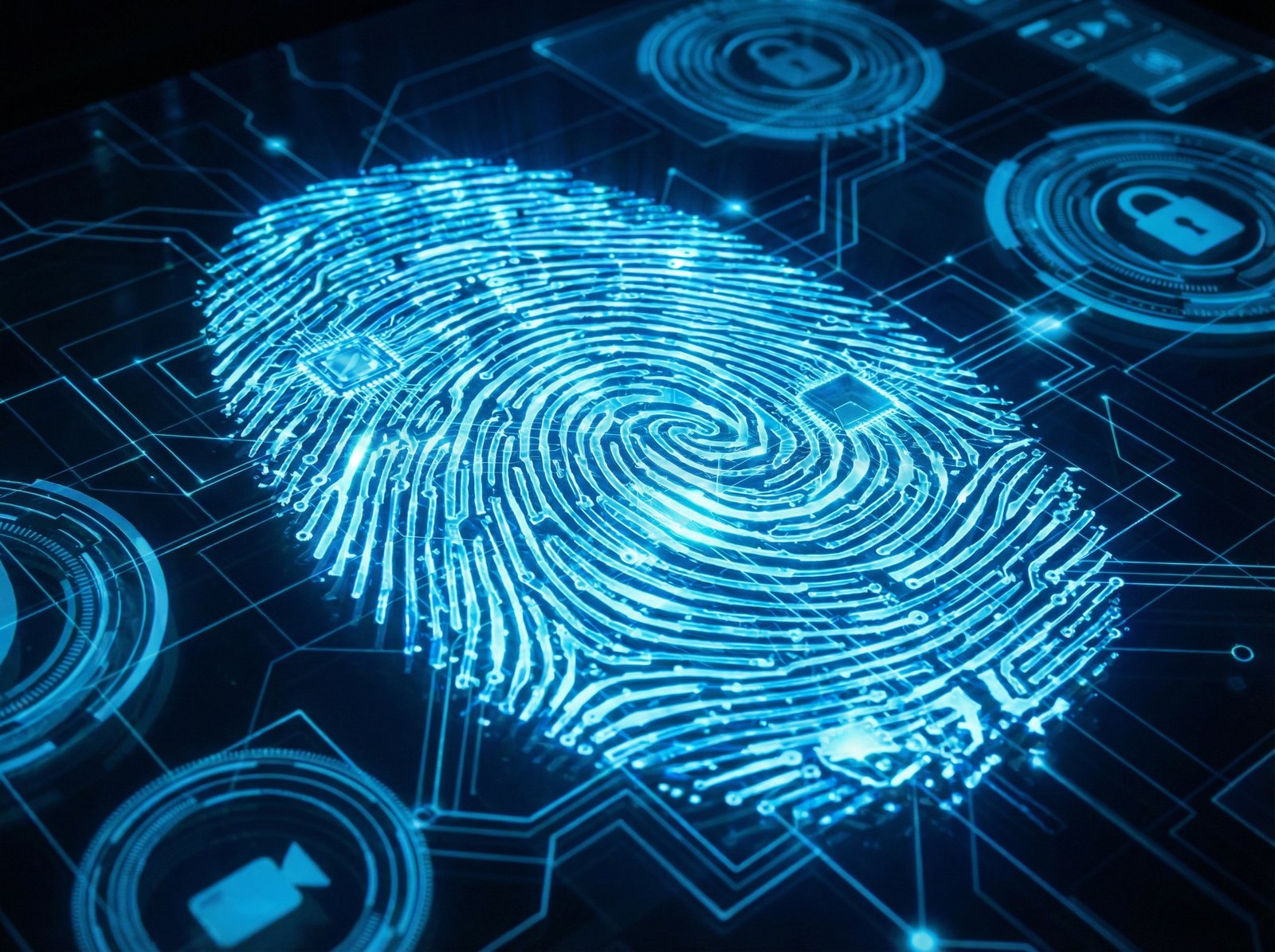 Abstract representation of digital fingerprinting and media authentication, glowing blue circuits forming a human thumbprint, futuristic and secure atmosphere, 4:3 aspect ratio, no text