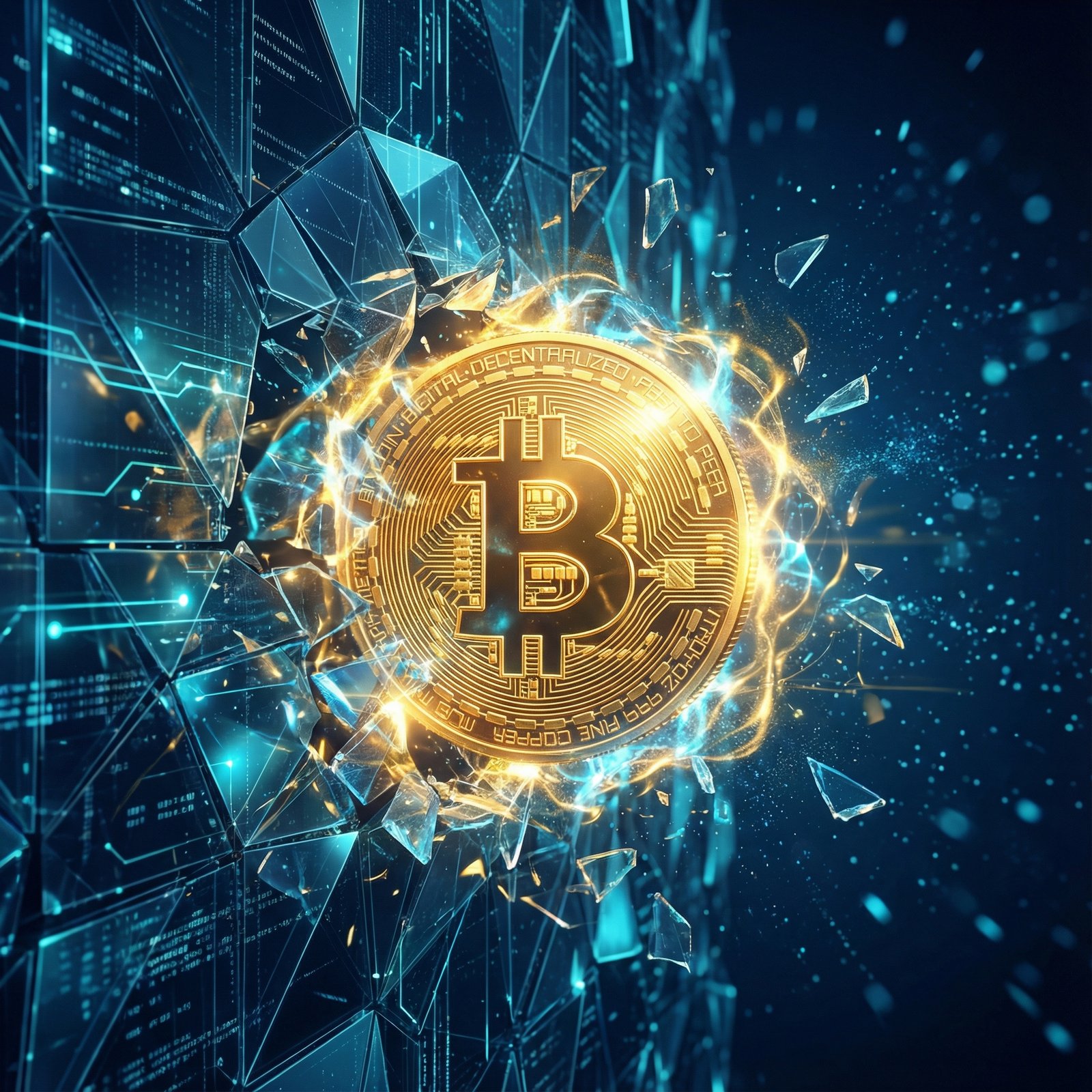 A 3D render of a glowing gold Bitcoin coin breaking through a crystalline digital wall, dark blue professional background, high quality, 1:1 ratio, no text