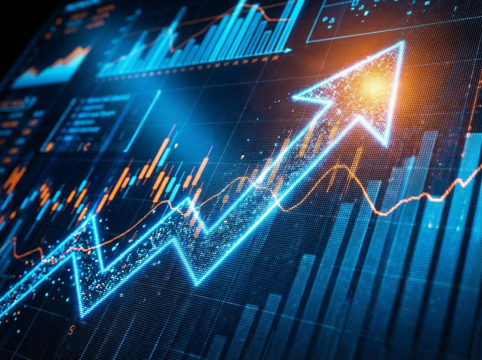 A detailed close-up of a digital screen displaying financial growth statistics and a rising arrow, high contrast lighting, modern finance aesthetics, 4:3 ratio, no text
