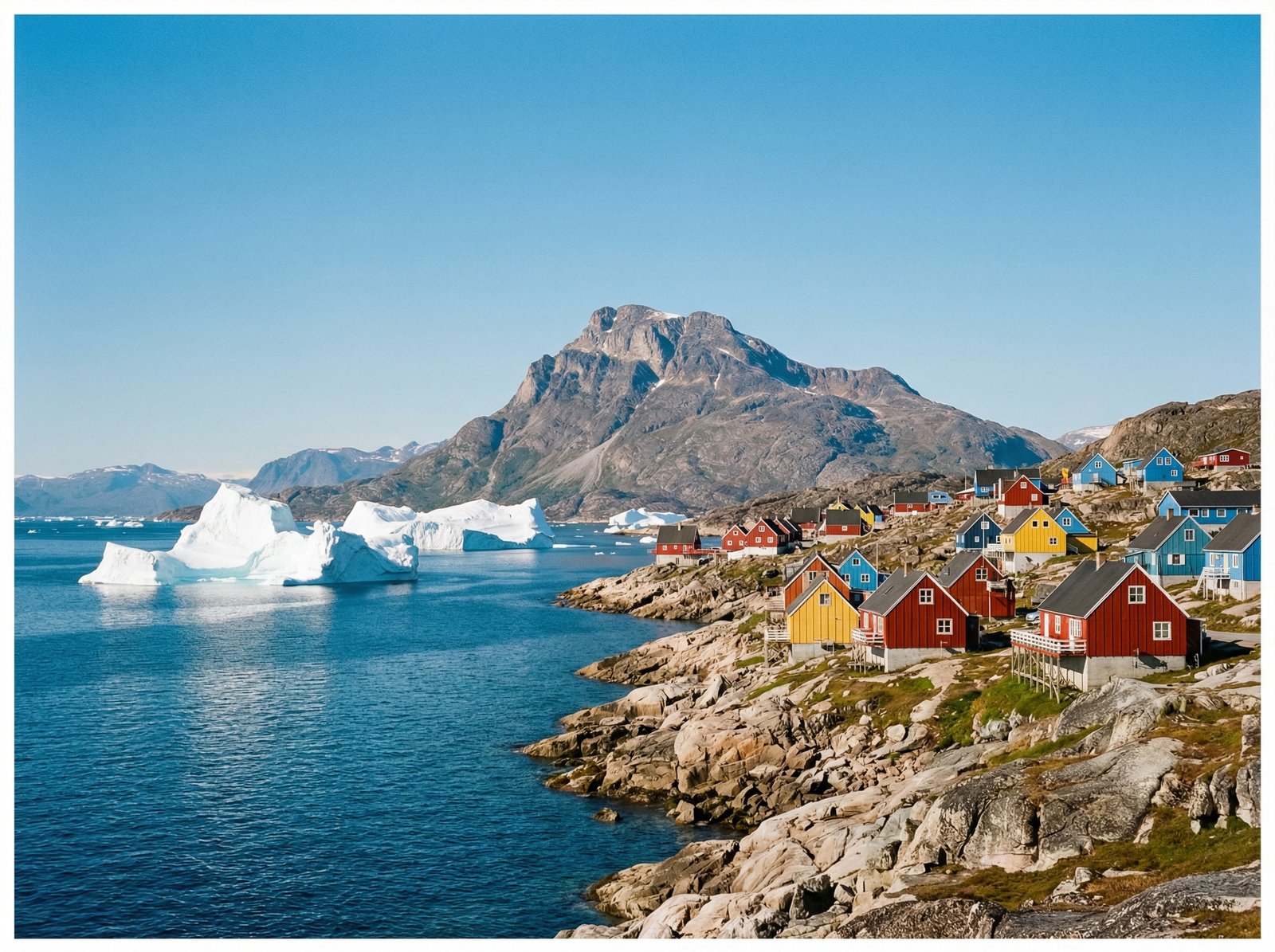 A breathtaking panoramic view of Nuuk, Greenland, featuring colorful Nordic houses along the rocky coastline with majestic icebergs floating in the deep blue sea. The Sermitsiaq mountain stands tall in the background under a clear sky. High-quality landscape photography with natural lighting, 4:3 aspect ratio, no text.