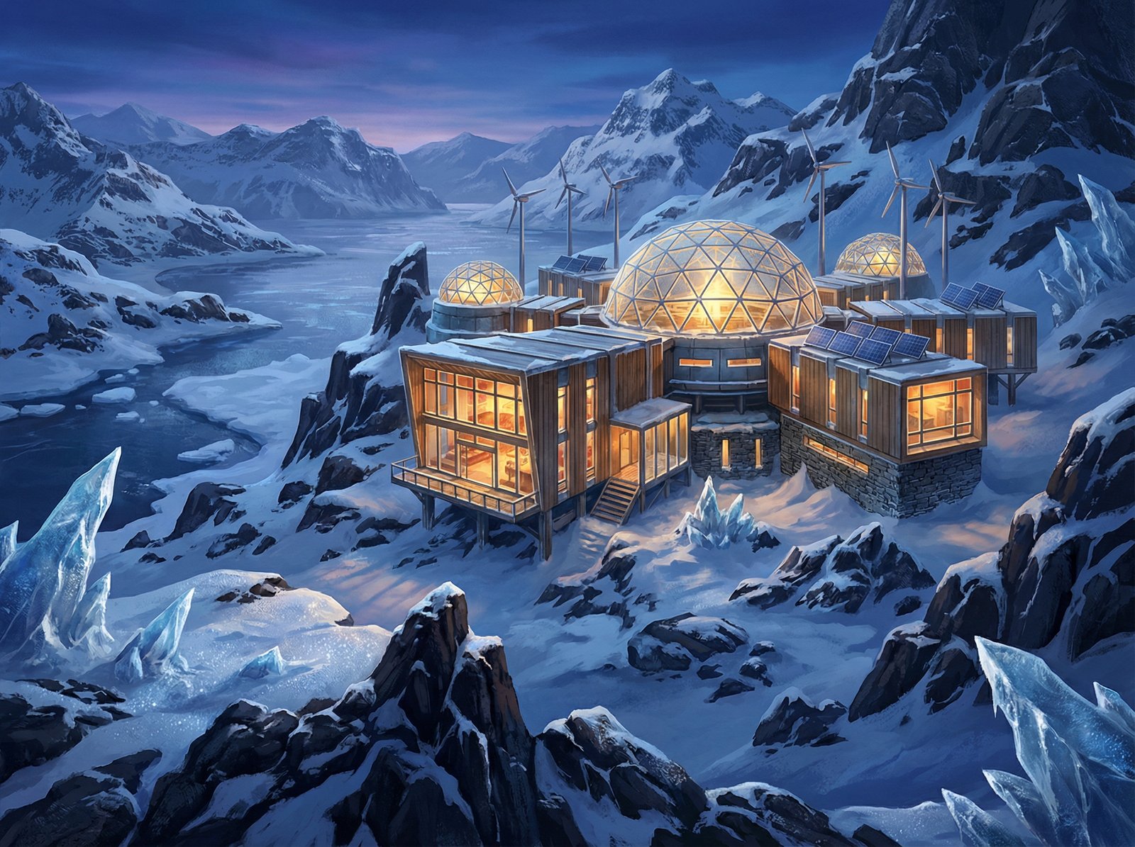 A detailed illustration showing the rich mineral potential of the Arctic. An artistic rendering of a modern, eco-friendly mining facility embedded in the snowy landscape of Greenland, surrounded by glistening ice and rocky terrain. Warm interior lights contrasting with the blue Arctic twilight, high-detail professional style, 4:3 aspect ratio, no text.