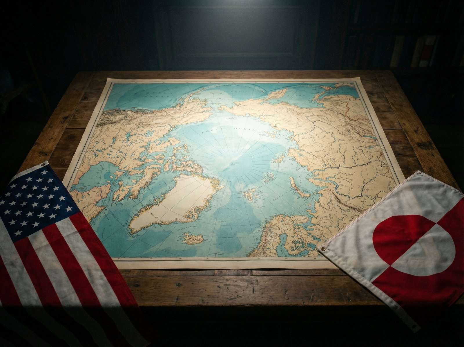 A professional and serious photographic style image showing a large map of the Arctic and Greenland on a wooden table with a symbolic representation of the US flag on one side and the Greenland flag on the other. The lighting is dramatic and focused on the center of the map. 4:3 aspect ratio, no text.