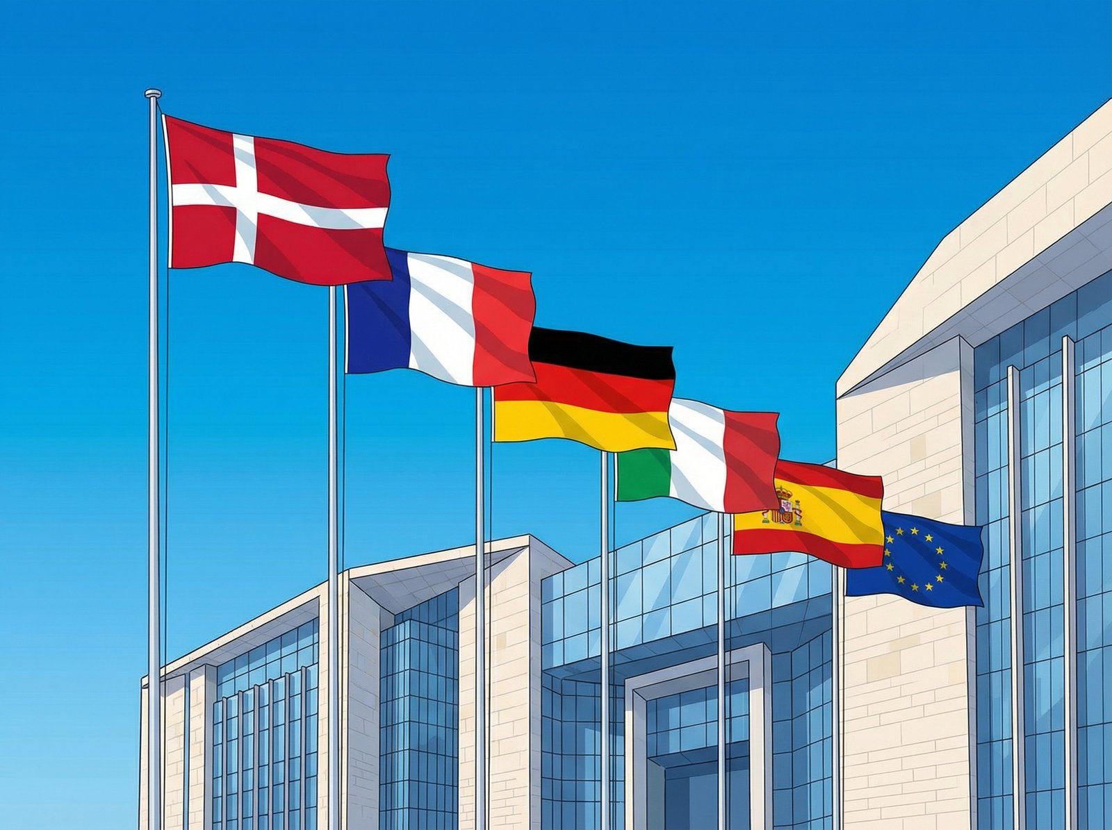 A professional illustration of several European flags including Denmark, France, and Germany flying together in front of a modern diplomatic building. The sky is clear blue, symbolizing unity and strength. Clean and modern aesthetic, 4:3 aspect ratio, no text.
