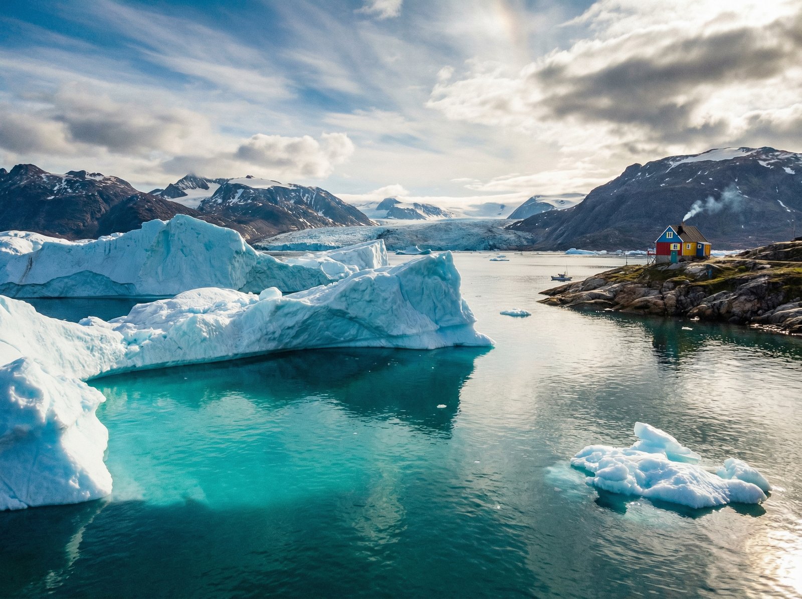 A breathtaking wide-angle landscape photograph of Greenland's icy coastline with majestic icebergs floating in crystal clear blue water. A small, colorful local house is visible in the distance, representing the life of its people. 4:3 aspect ratio, high contrast, no text.