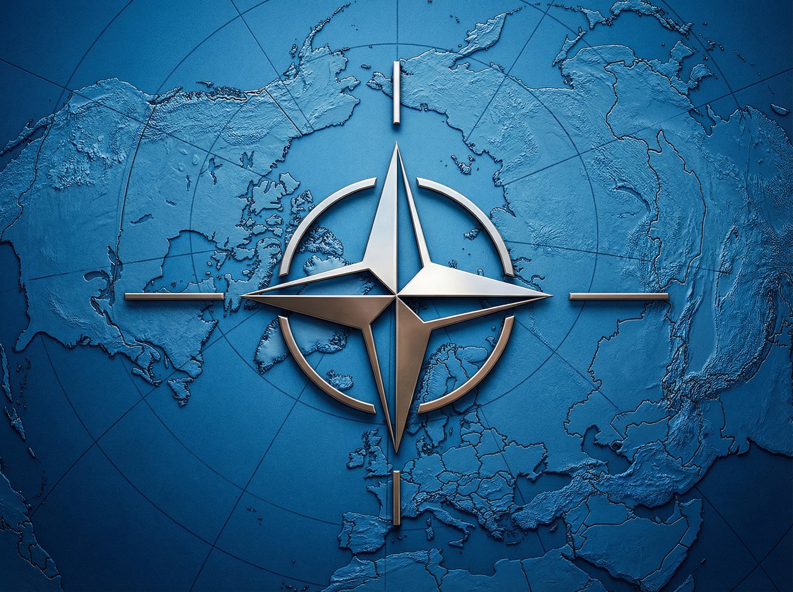A detailed composition image featuring the NATO compass emblem set against a background of a textured blue map of the Northern Hemisphere. The overall tone is professional and secure, emphasizing stability and alliance. 4:3 aspect ratio, no text.