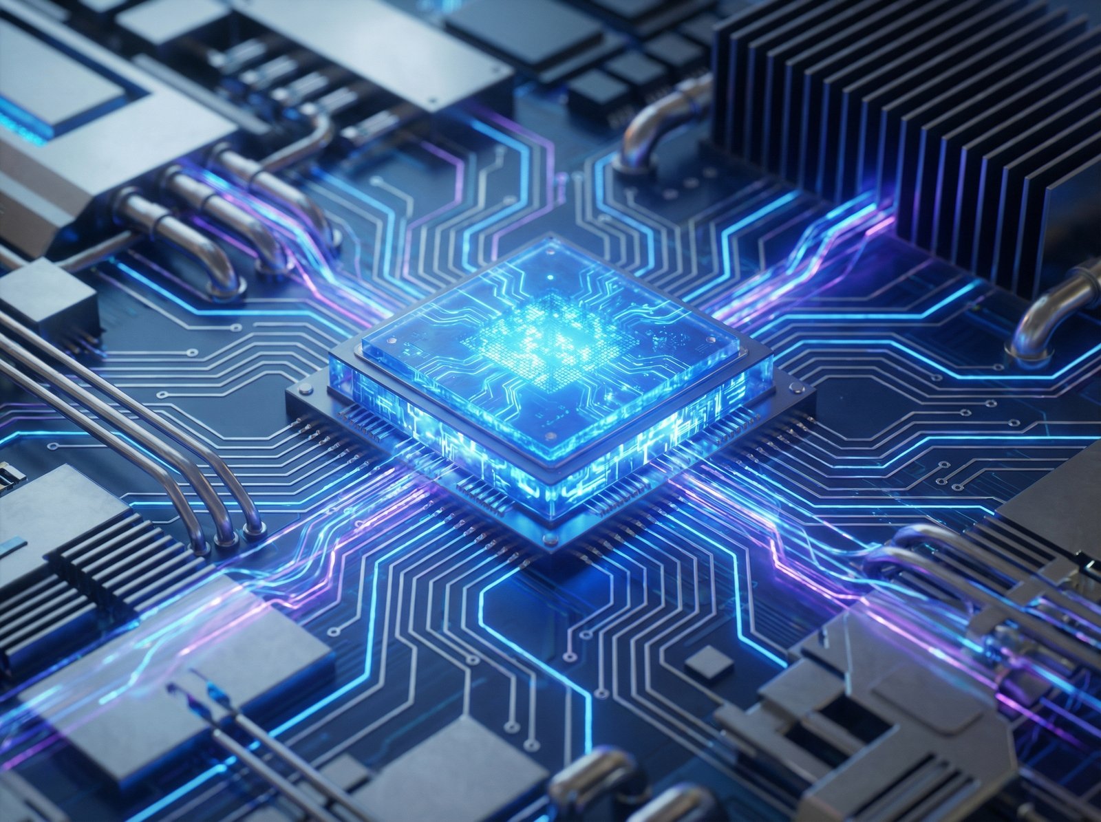 A close up of a glowing blue semiconductor chip on a futuristic motherboard with light paths representing data flow, high-tech engineering aesthetic, professional photography style, 4:3 aspect ratio, no text.