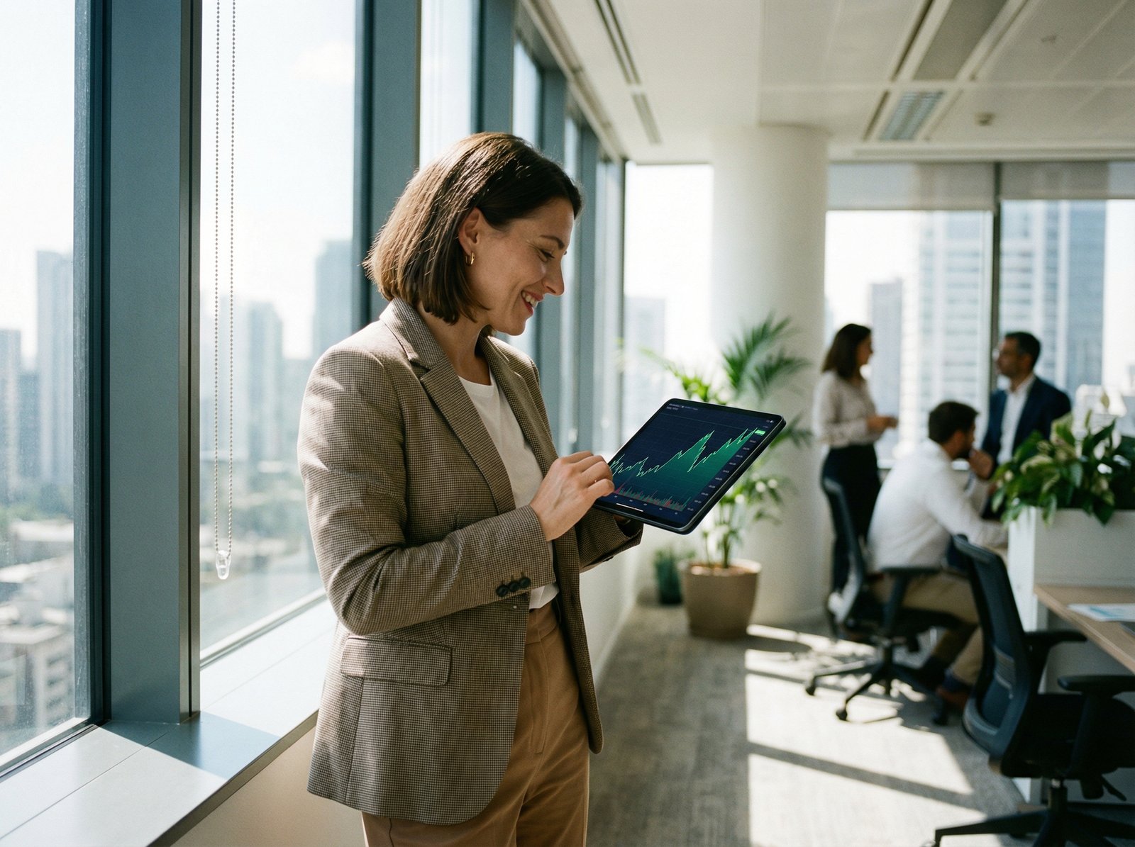 A professional person in business attire looking at a tablet showing a growing stock market chart in a bright modern office with a city view through the window, aspirational mood, natural lighting, 4:3 aspect ratio, no text.