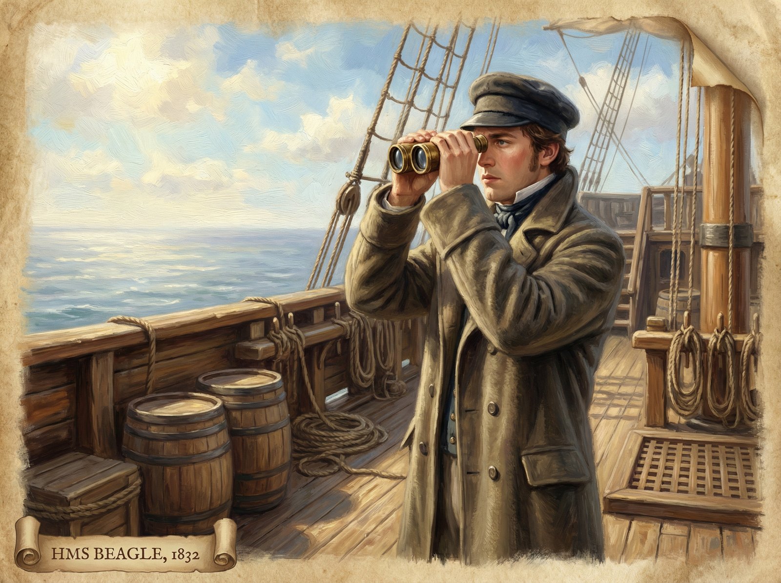 A young Charles Darwin standing on the wooden deck of the HMS Beagle ship at sea, looking at the horizon with binoculars, 19th-century attire, realistic historical illustration, artistic rendering, textured background, bright natural lighting, 4:3