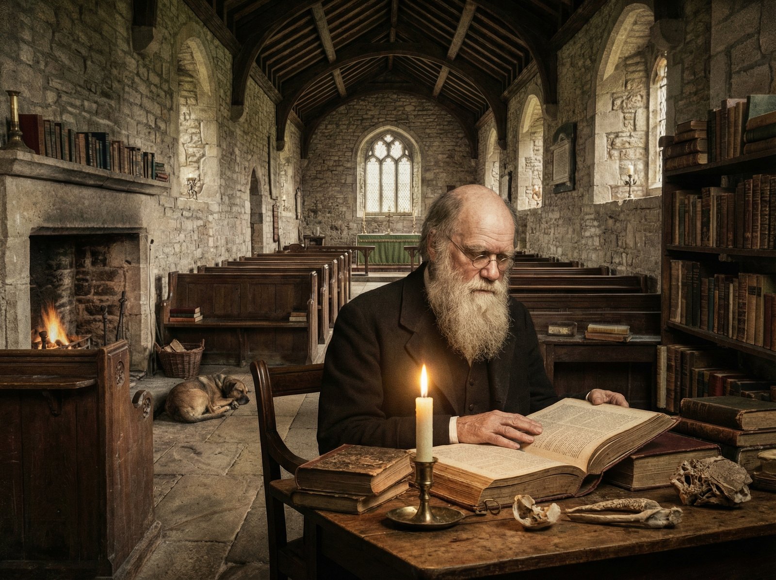 An alternative history illustration of Charles Darwin as a quiet village priest in a small English stone church, studying old books by candlelight, warm lighting, historical lifestyle photography style, detailed interior, 4:3