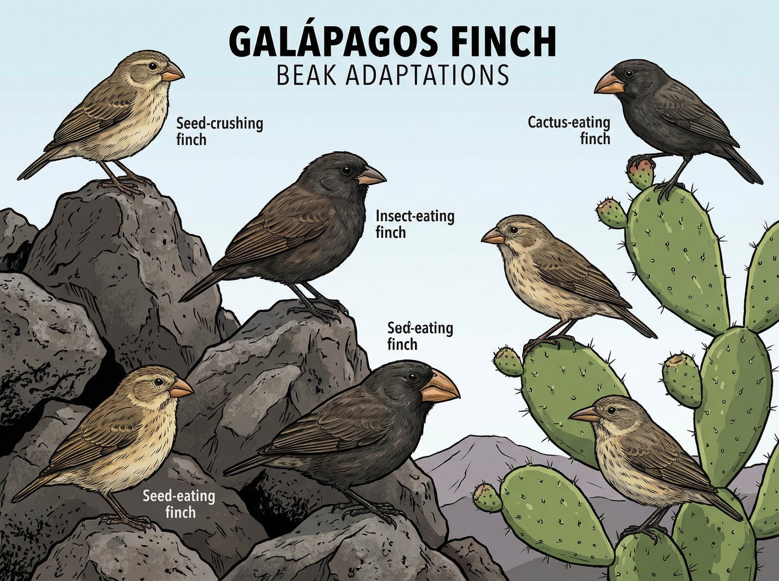 Detailed scientific illustration of various Galapagos finches with different beak shapes, perched on exotic volcanic rocks and cacti, high contrast, clean infographic style, nature documentary feel, 4:3