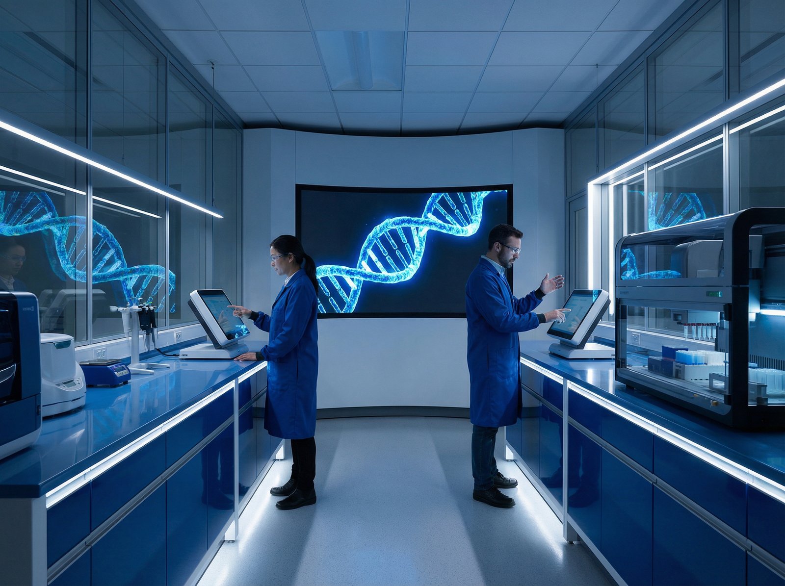 A modern laboratory setting showing a DNA double helix structure glowing on a screen, scientists working with high-tech equipment, blue and white color palette, clean layout, high contrast, 4:3
