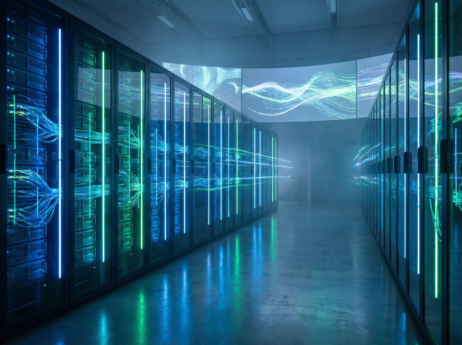 A high-tech, futuristic data center with glowing blue and green neon lights representing Nvidia AI compute and networking systems. The scene is clean and modern, highlighting advanced technology and high-speed connectivity. Cinematic lighting, realistic 4:3 aspect ratio, no text.
